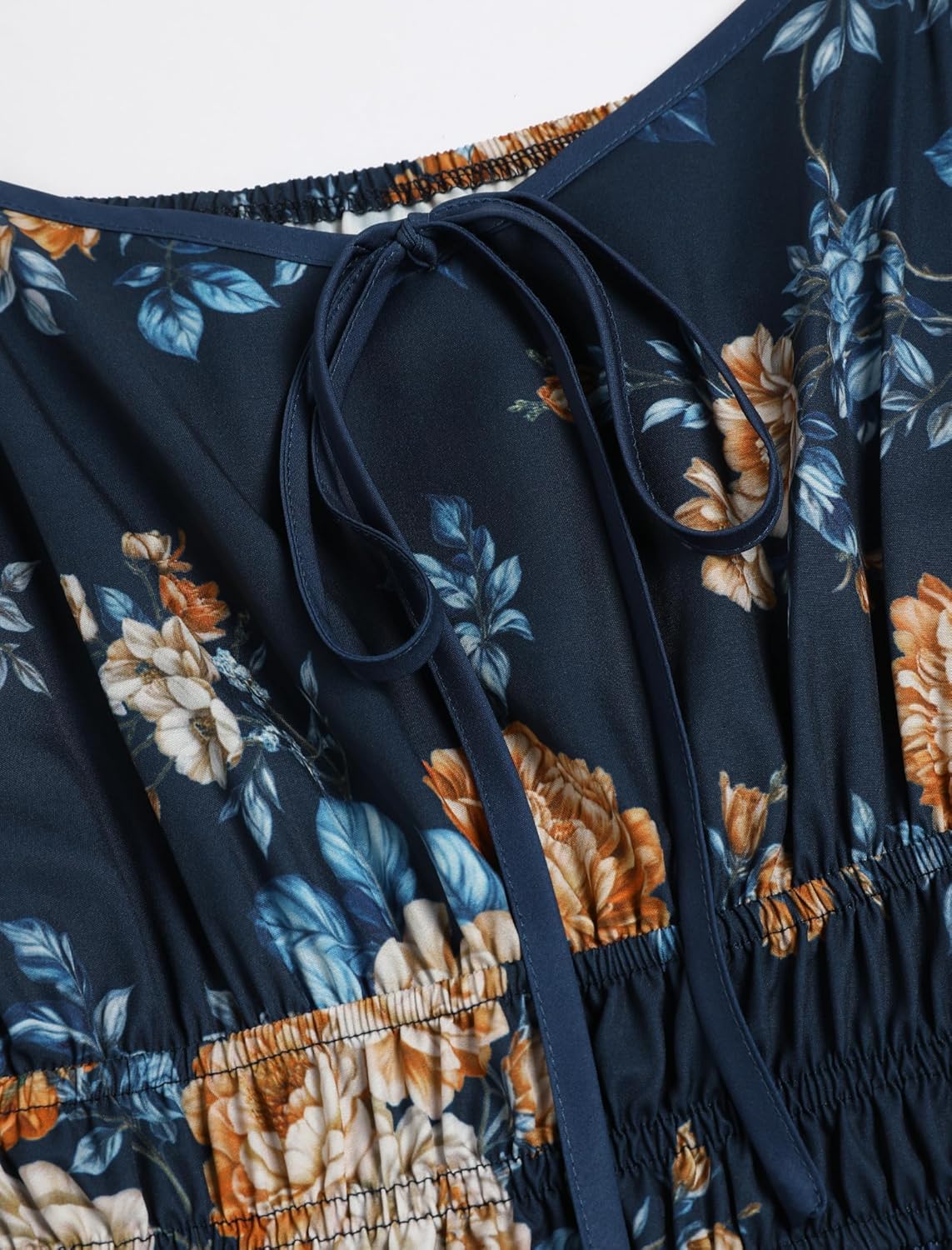 ZAFUL Womens Fall Floral Midi Dress Casual Square Neck Ruffle Long Sleeve Smocked Boho Flowy A Line Long Wedding Guest Dresses Navy Blue X-Large