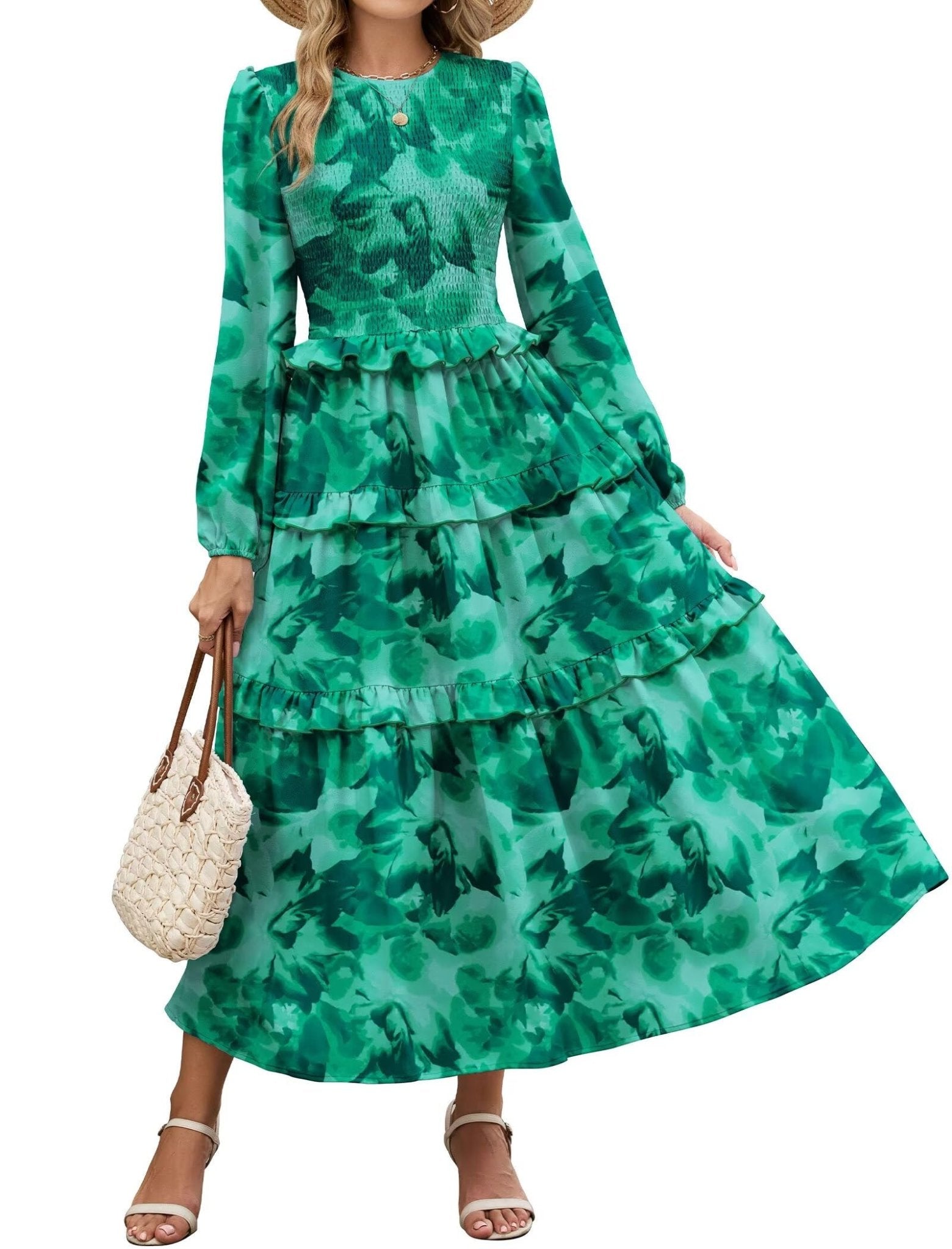 ZAFUL Womens Fall Floral Smocked Maxi Dress Long Puff Sleeve Bohemian Dresses Flowy Tiered Ruffle Wedding Guest Dress