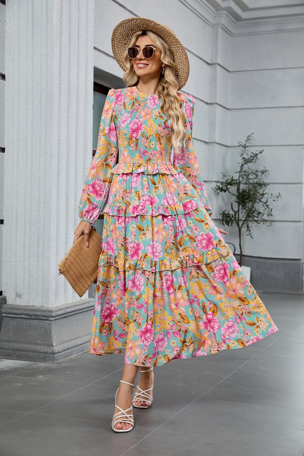 ZAFUL Womens Fall Floral Smocked Maxi Dress Long Puff Sleeve Bohemian Dresses Flowy Tiered Ruffle Wedding Guest Dress