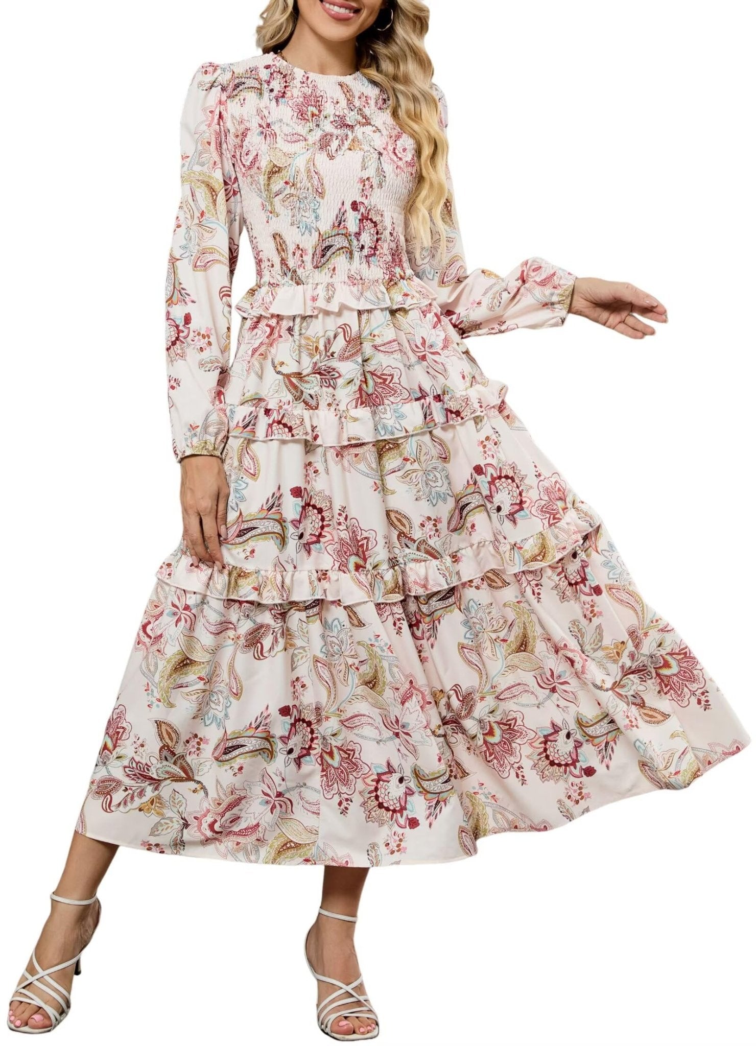 ZAFUL Womens Fall Floral Smocked Maxi Dress Long Puff Sleeve Bohemian Dresses Flowy Tiered Ruffle Wedding Guest Dress