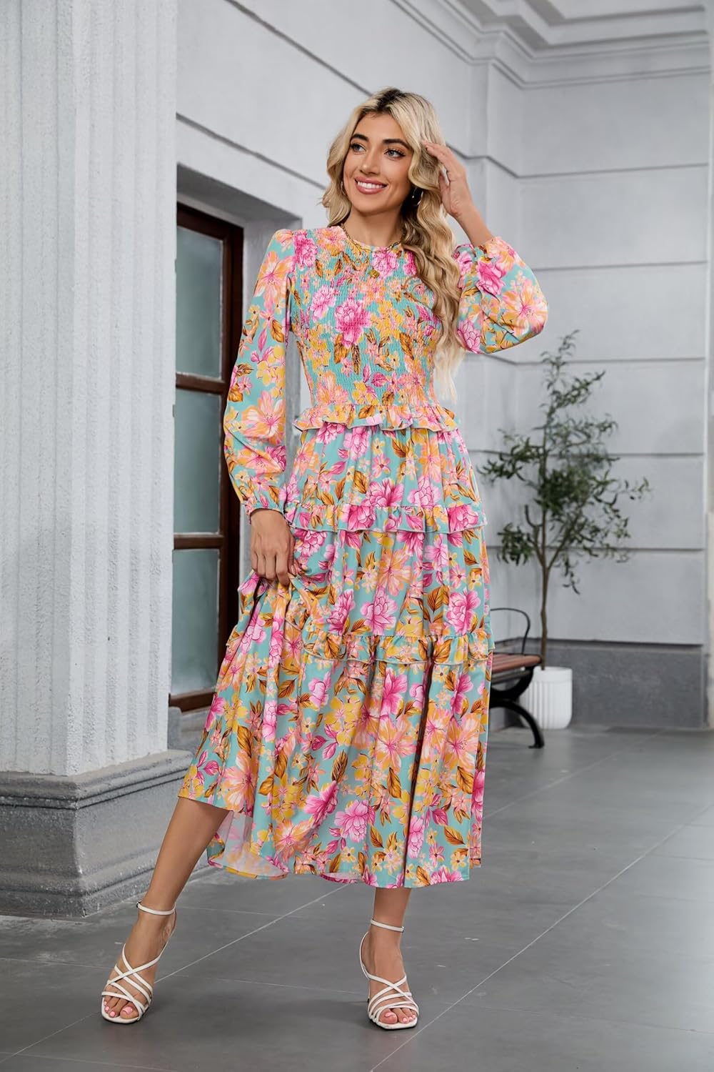ZAFUL Womens Fall Floral Smocked Maxi Dress Long Puff Sleeve Bohemian Dresses Flowy Tiered Ruffle Wedding Guest Dress