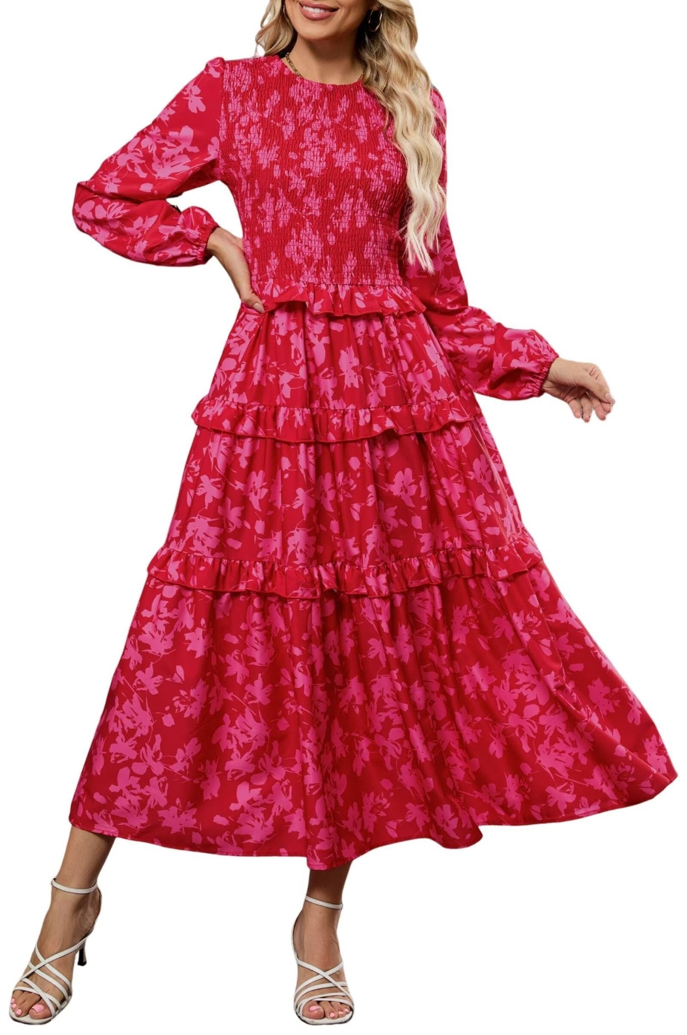 ZAFUL Womens Fall Floral Smocked Maxi Dress Long Puff Sleeve Bohemian Dresses Flowy Tiered Ruffle Wedding Guest Dress