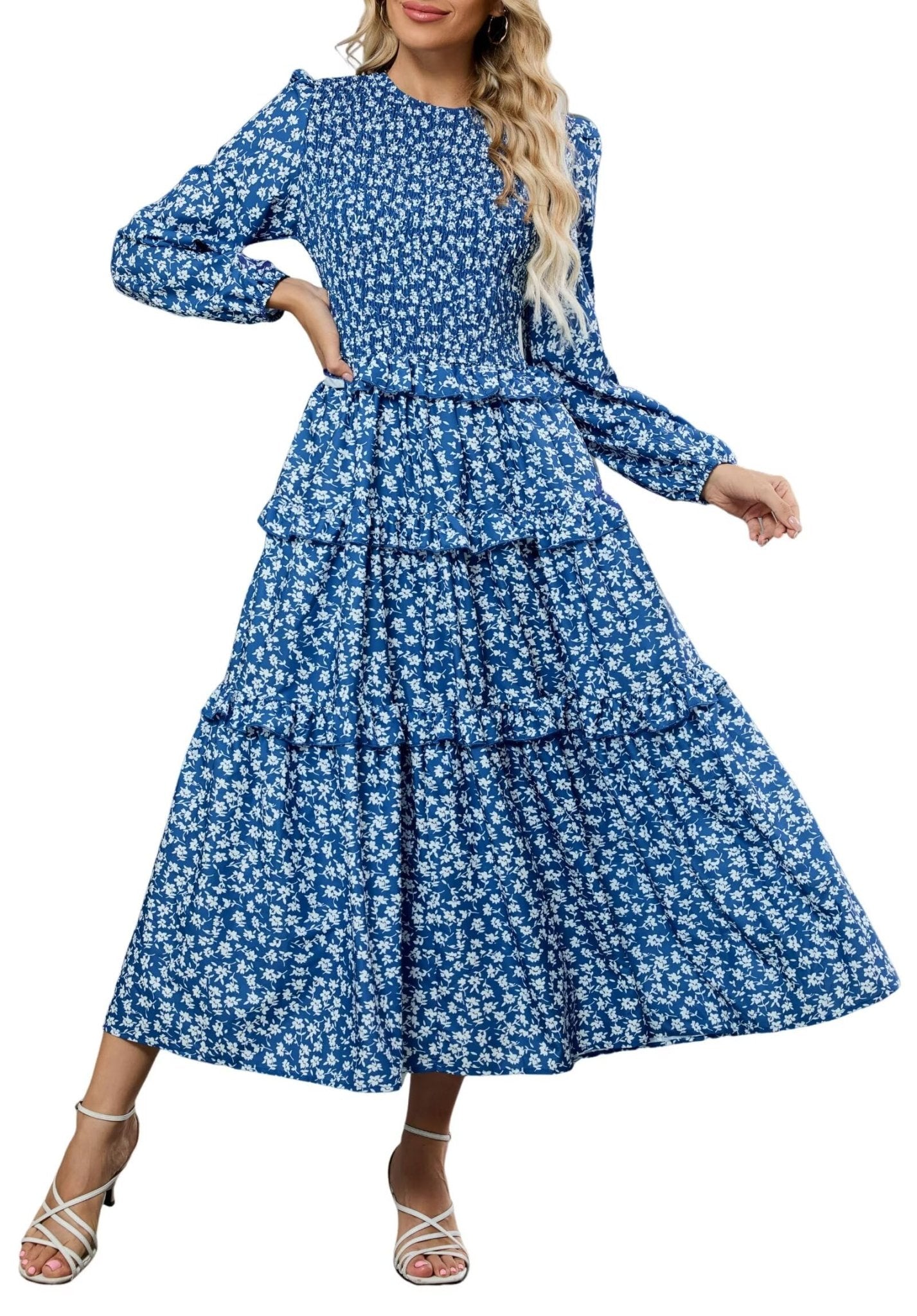 ZAFUL Womens Fall Floral Smocked Maxi Dress Long Puff Sleeve Bohemian Dresses Flowy Tiered Ruffle Wedding Guest Dress