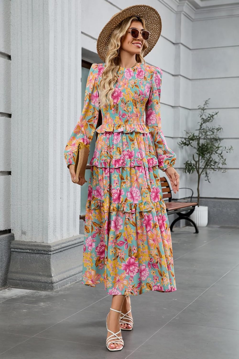 ZAFUL Womens Fall Floral Smocked Maxi Dress Long Puff Sleeve Bohemian Dresses Flowy Tiered Ruffle Wedding Guest Dress