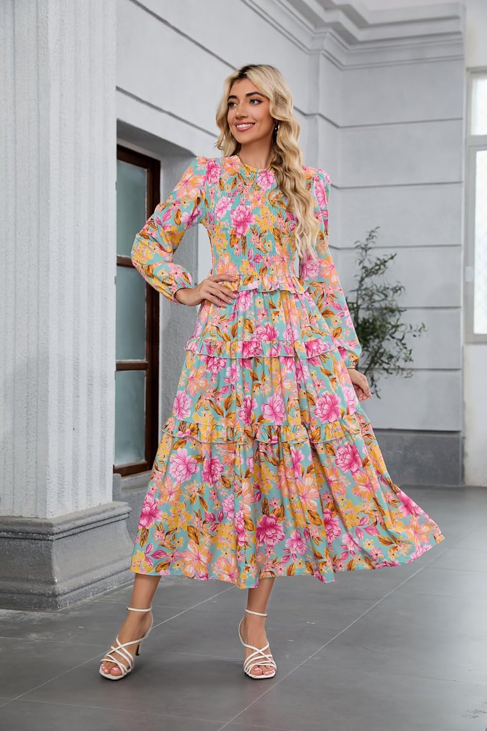 ZAFUL Womens Fall Floral Smocked Maxi Dress Long Puff Sleeve Bohemian Dresses Flowy Tiered Ruffle Wedding Guest Dress