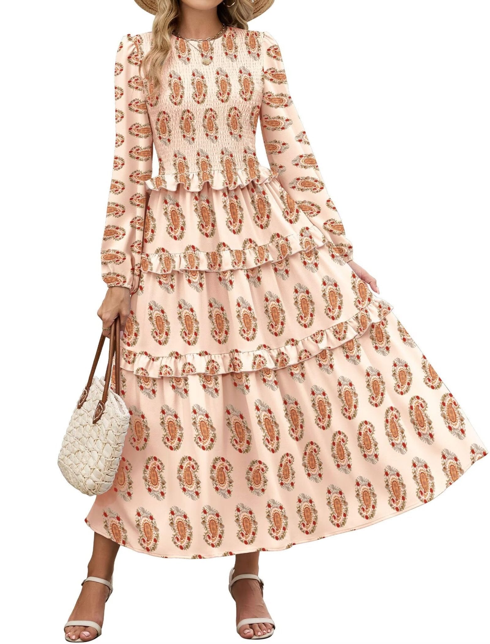 ZAFUL Womens Fall Floral Smocked Maxi Dress Long Puff Sleeve Bohemian Dresses Flowy Tiered Ruffle Wedding Guest Dress