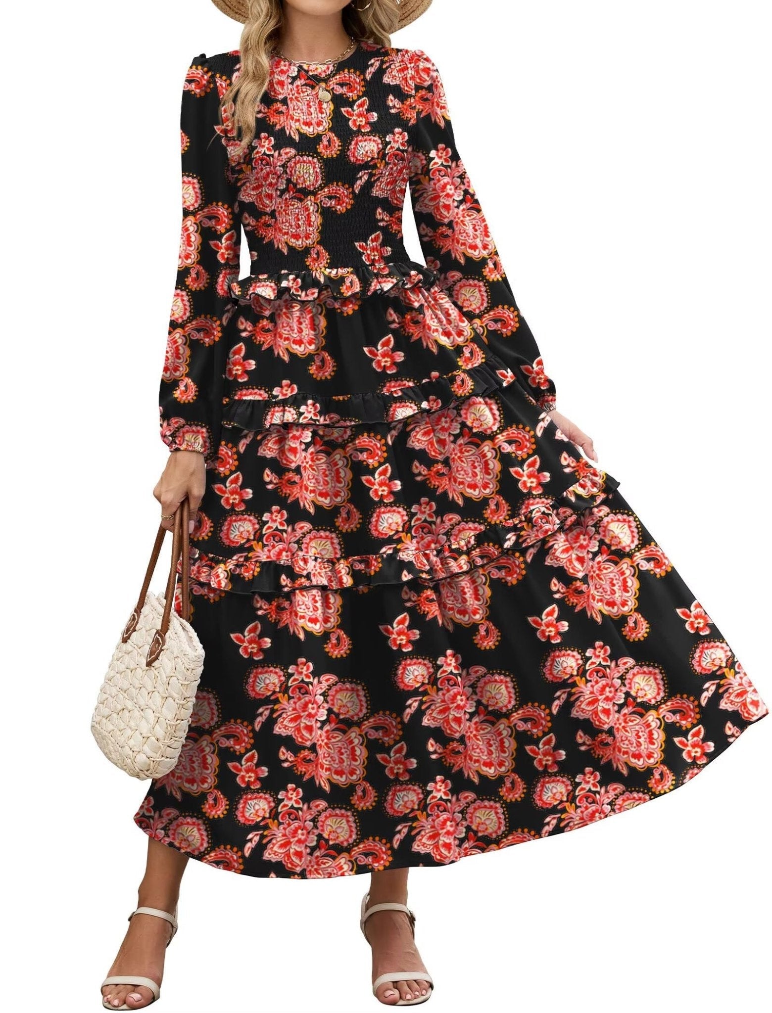 ZAFUL Womens Fall Floral Smocked Maxi Dress Long Puff Sleeve Bohemian Dresses Flowy Tiered Ruffle Wedding Guest Dress