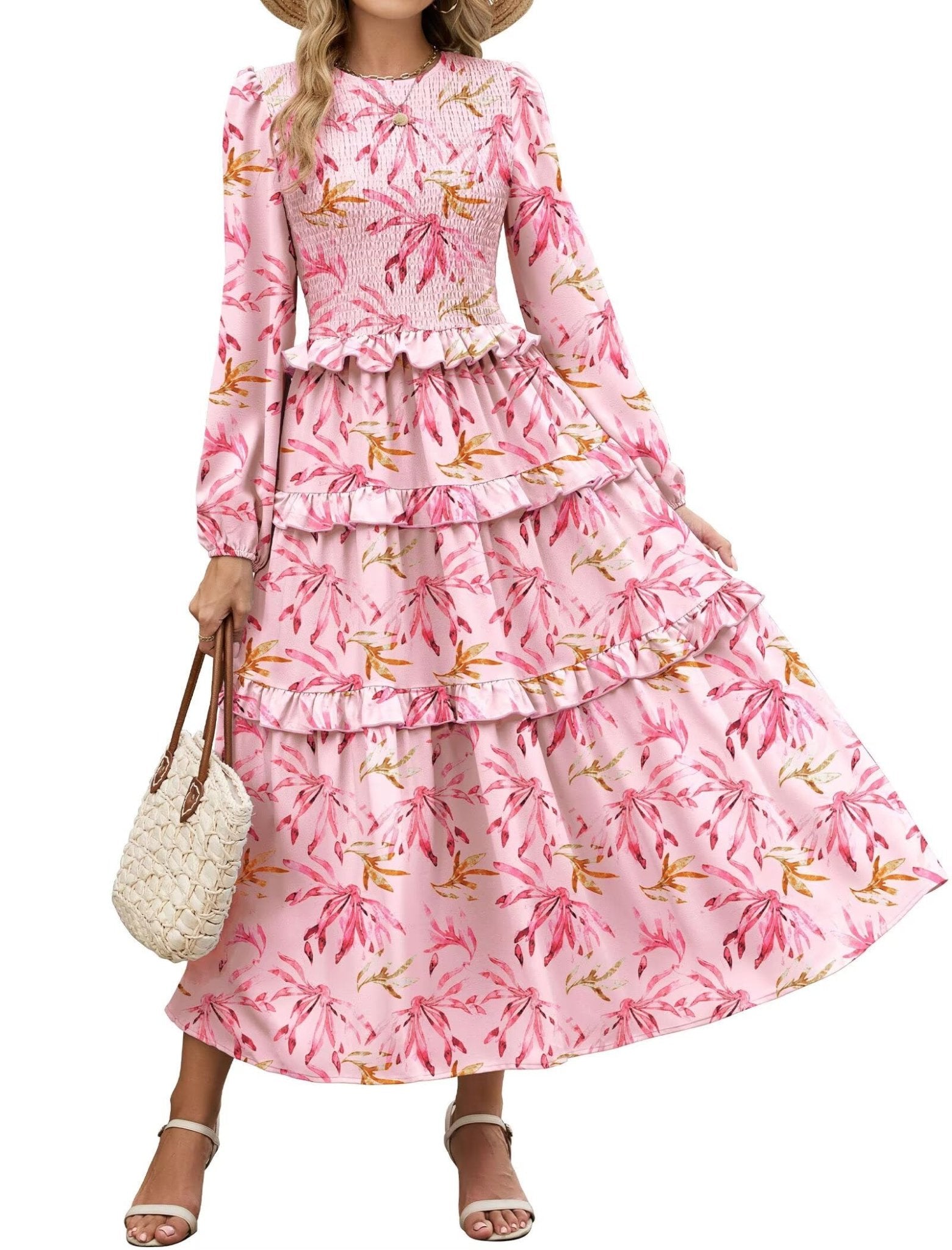 ZAFUL Womens Fall Floral Smocked Maxi Dress Long Puff Sleeve Bohemian Dresses Flowy Tiered Ruffle Wedding Guest Dress