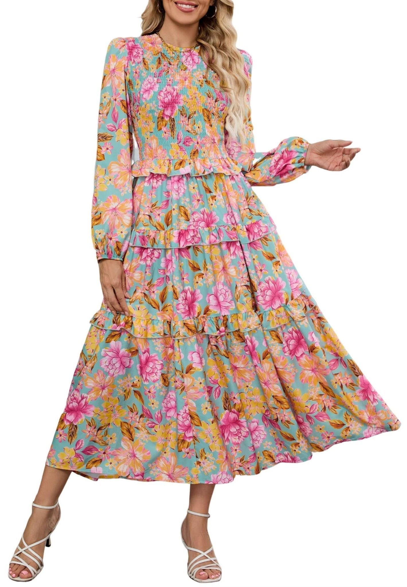 ZAFUL Womens Fall Floral Smocked Maxi Dress Long Puff Sleeve Bohemian Dresses Flowy Tiered Ruffle Wedding Guest Dress