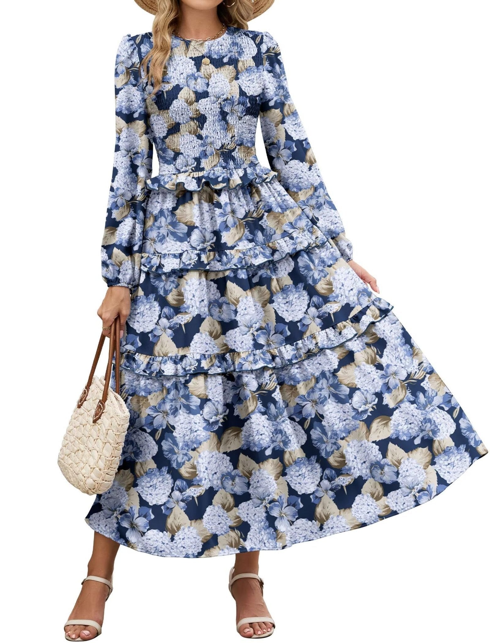 ZAFUL Womens Fall Floral Smocked Maxi Dress Long Puff Sleeve Bohemian Dresses Flowy Tiered Ruffle Wedding Guest Dress