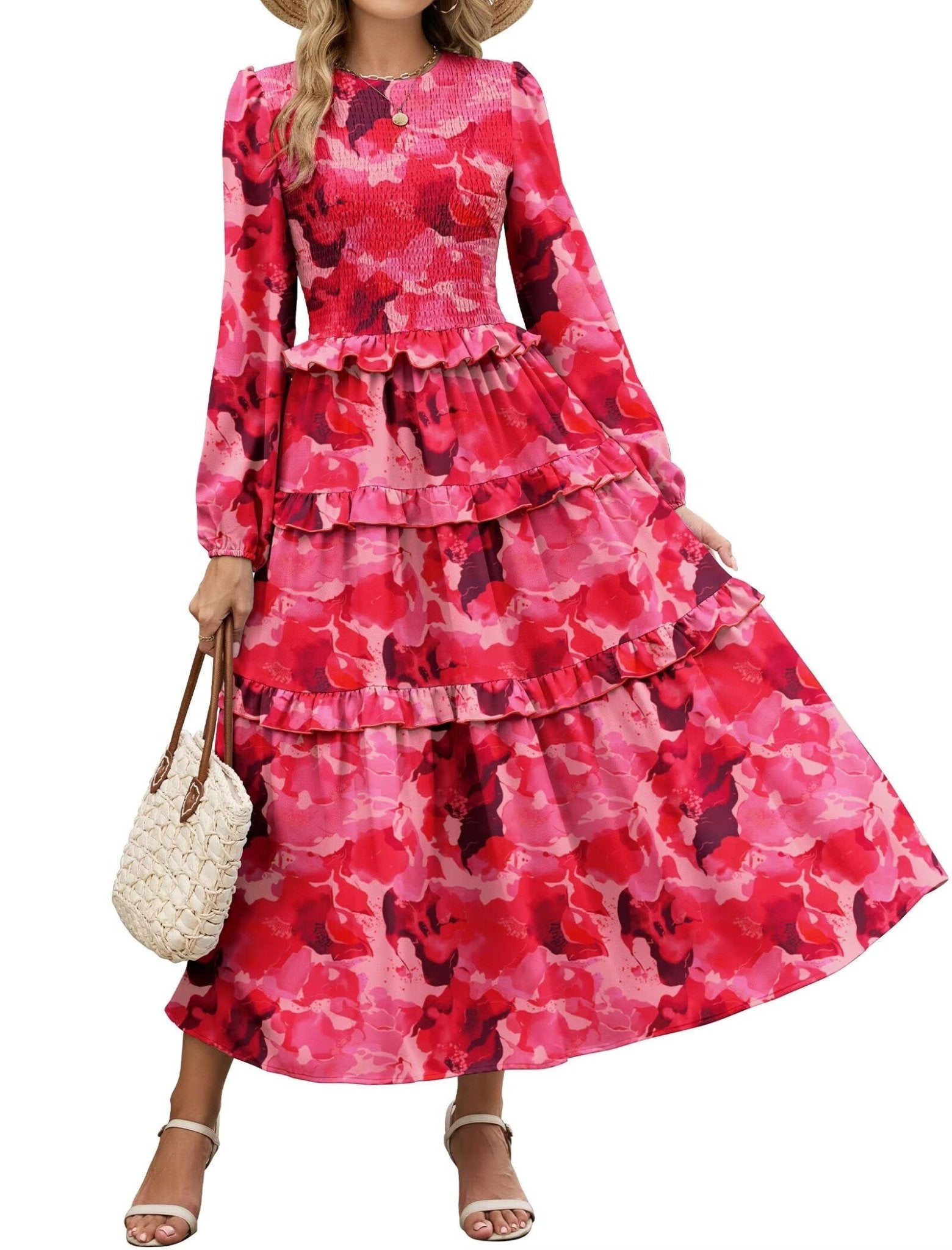 ZAFUL Womens Fall Floral Smocked Maxi Dress Long Puff Sleeve Bohemian Dresses Flowy Tiered Ruffle Wedding Guest Dress