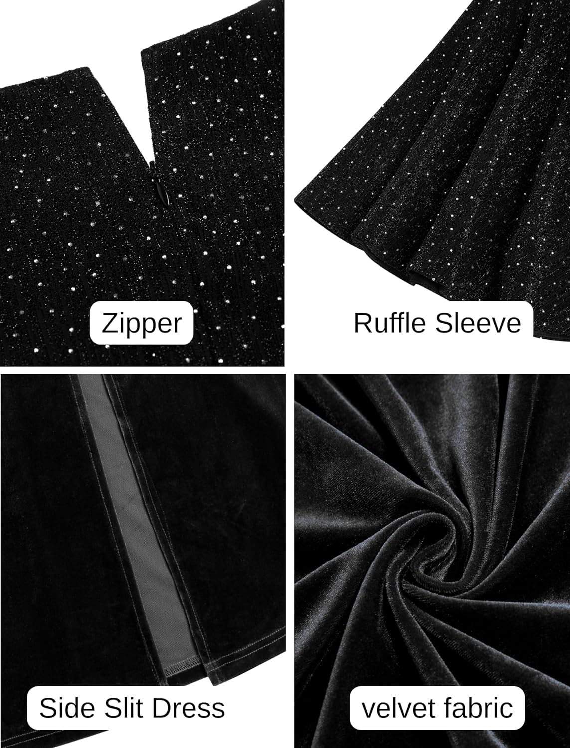 ZAFUL Women's Formal Prom Dress Shimmery Sequin Half Ruffle Sleeve V Neck Long Wedding Guest Dresses Trendy High Split Formal Evening Cocktail Party Dress(Black,M)