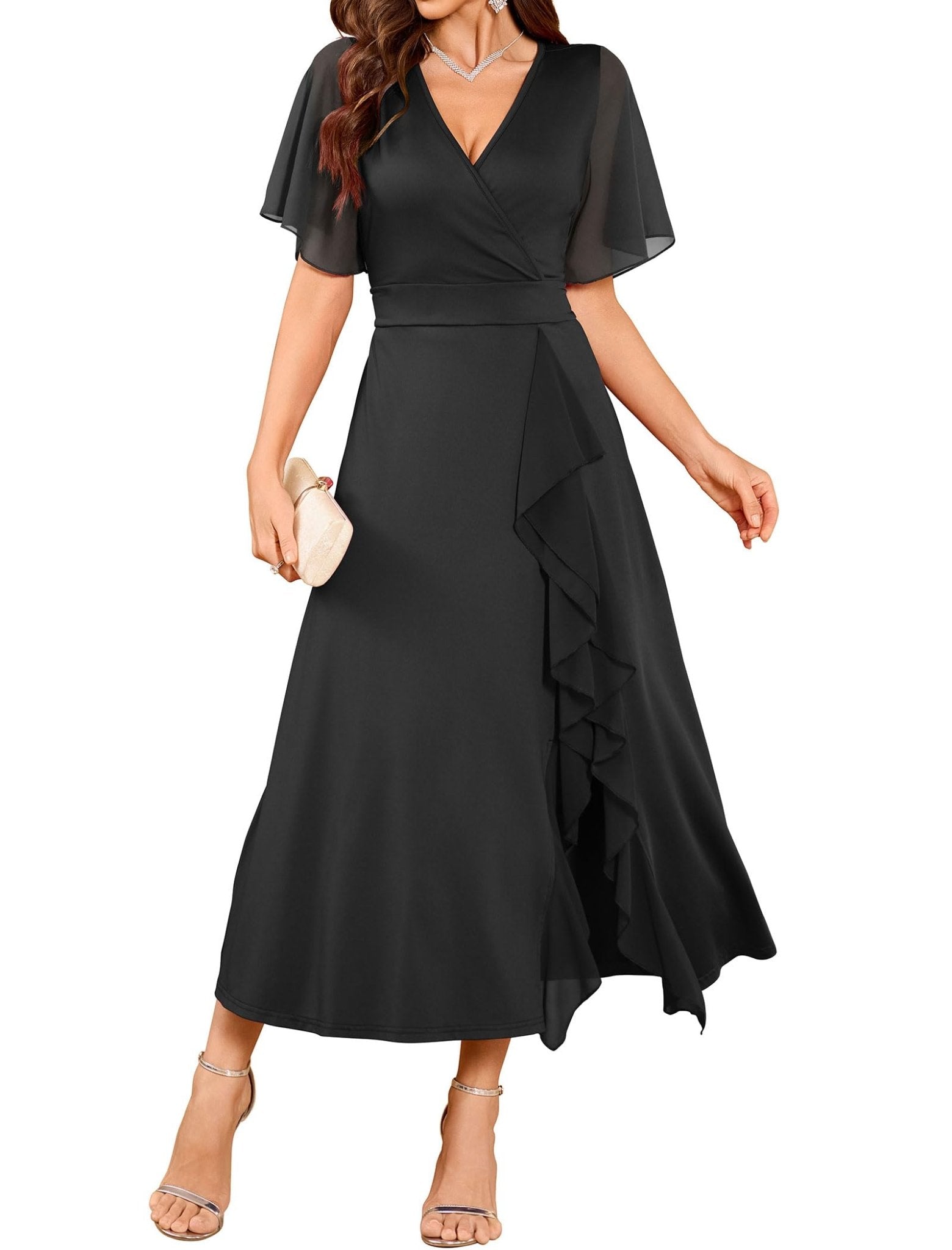 ZAFUL Womens Formal Wedding Guest Dresses V Neck Flared Sleeve Evening Party Cocktail Dress Split Ruffle Long Gown 2025