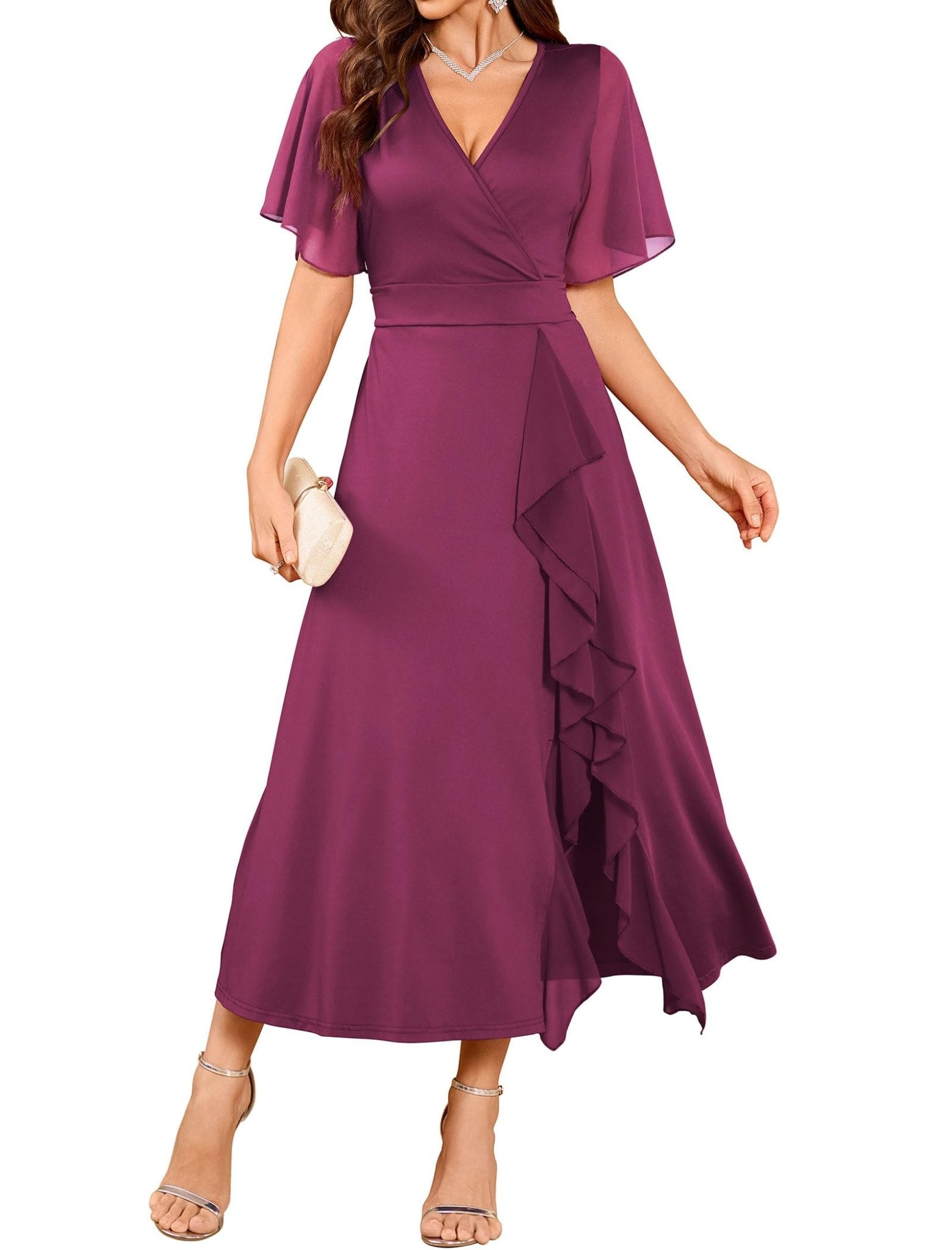 ZAFUL Womens Formal Wedding Guest Dresses V Neck Flared Sleeve Evening Party Cocktail Dress Split Ruffle Long Gown 2025