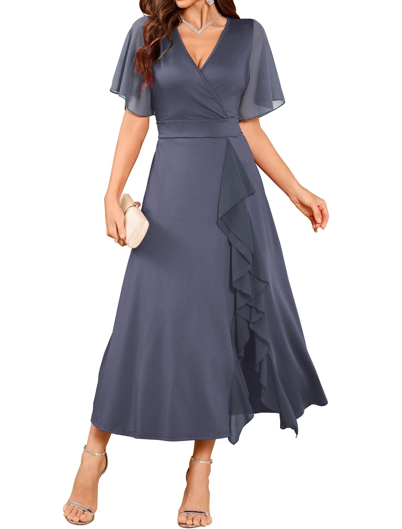 ZAFUL Womens Formal Wedding Guest Dresses V Neck Flared Sleeve Evening Party Cocktail Dress Split Ruffle Long Gown 2025