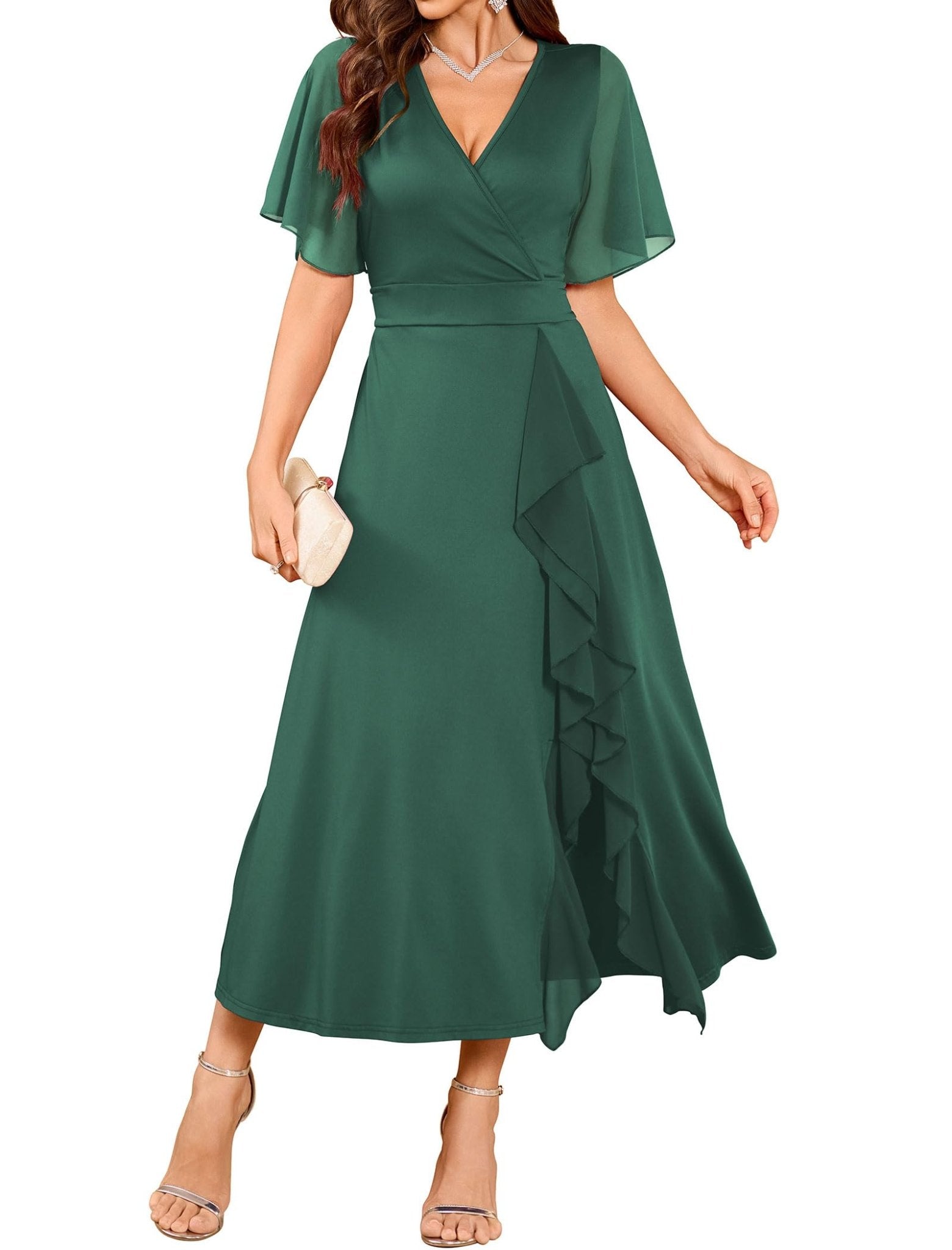 ZAFUL Womens Formal Wedding Guest Dresses V Neck Flared Sleeve Evening Party Cocktail Dress Split Ruffle Long Gown 2025