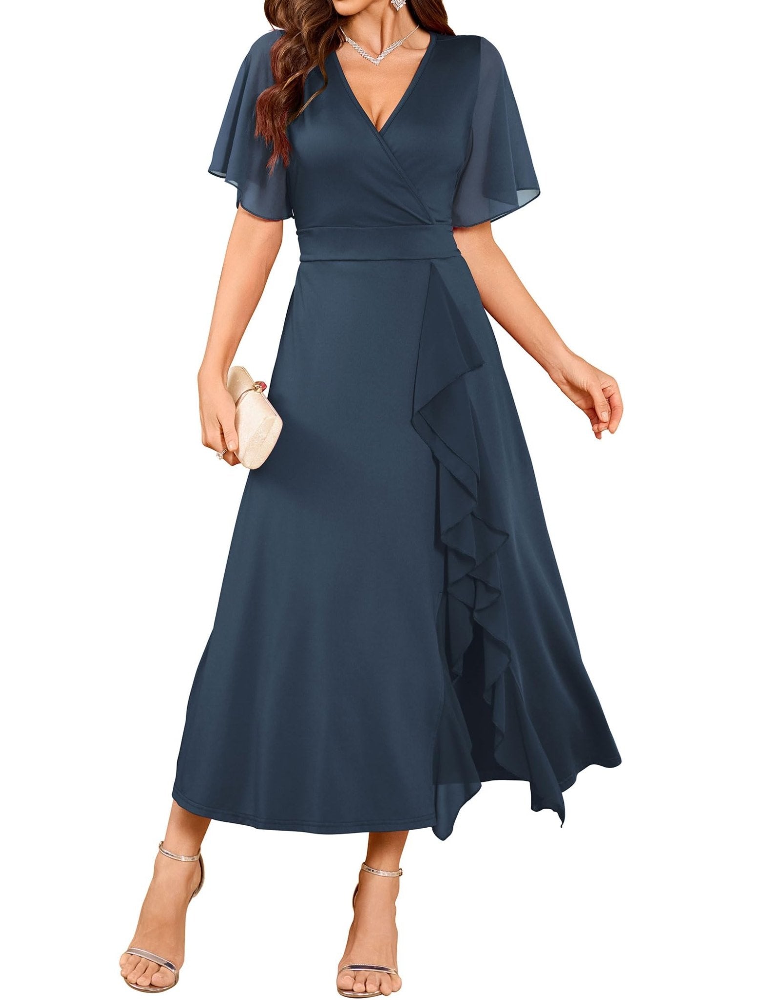 ZAFUL Womens Formal Wedding Guest Dresses V Neck Flared Sleeve Evening Party Cocktail Dress Split Ruffle Long Gown 2025