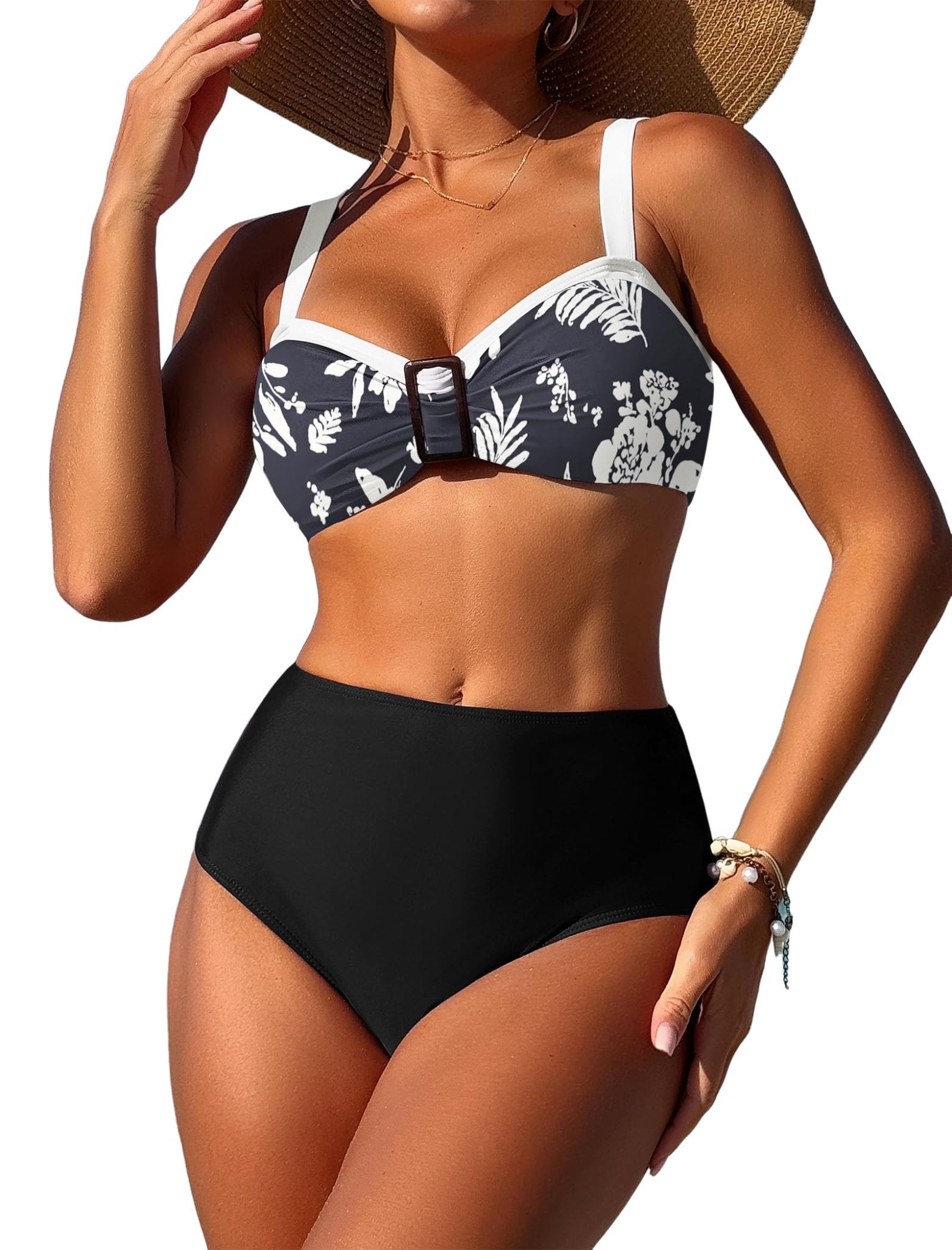 ZAFUL Womens High Waisted Bikini Sets 2 Piece Retro Floral Tummy Control Bathing Suit Push Up Color Block Swimsuits