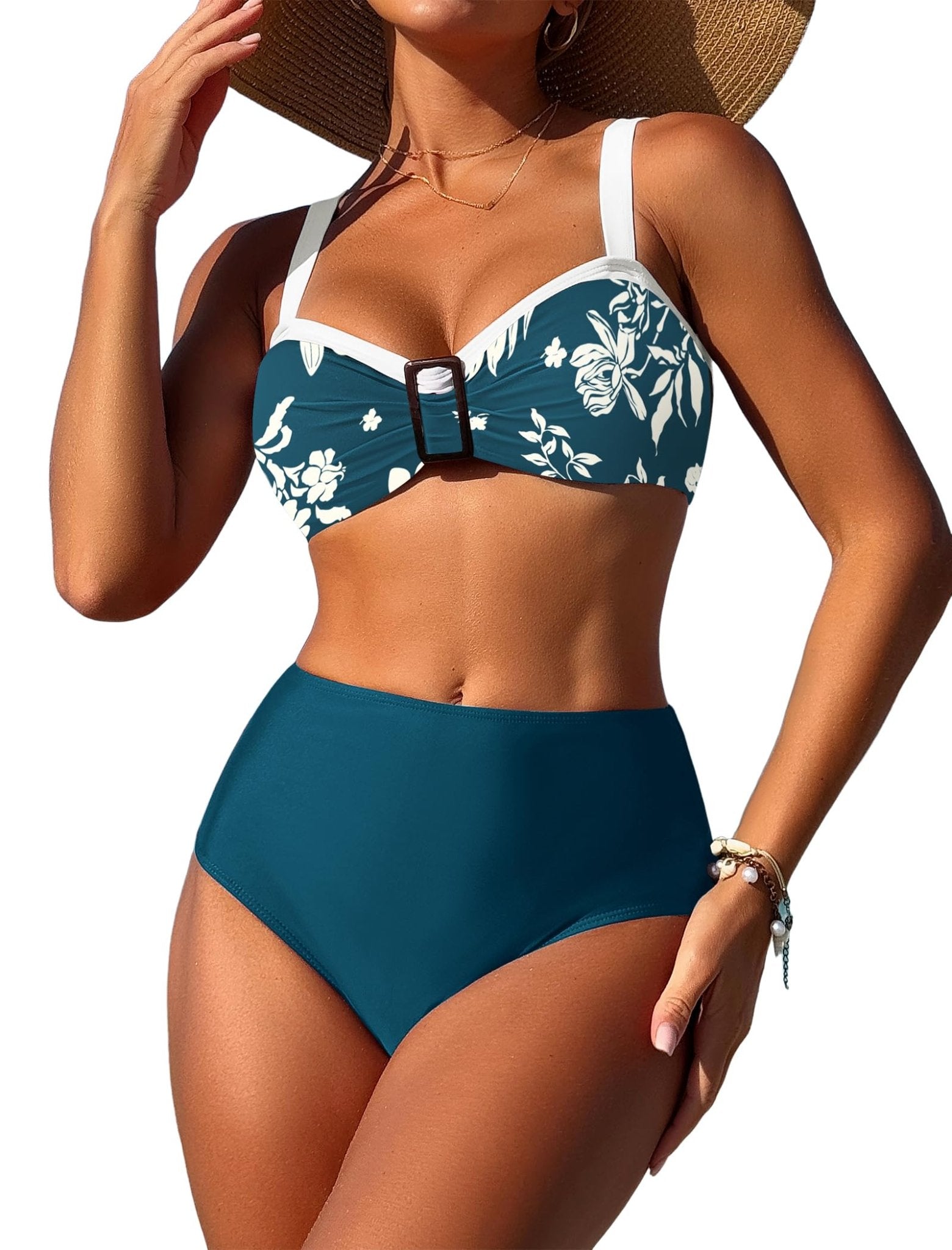 ZAFUL Womens High Waisted Bikini Sets 2 Piece Retro Floral Tummy Control Bathing Suit Push Up Color Block Swimsuits