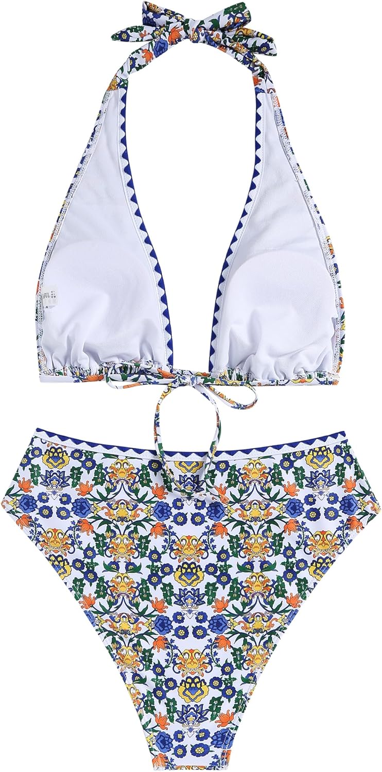 ZAFUL Womens High Waisted Bikini Sets Halter Floral Shell Stitch 2 Piece Swimsuits V Neck Tummy Control Bathing Suits