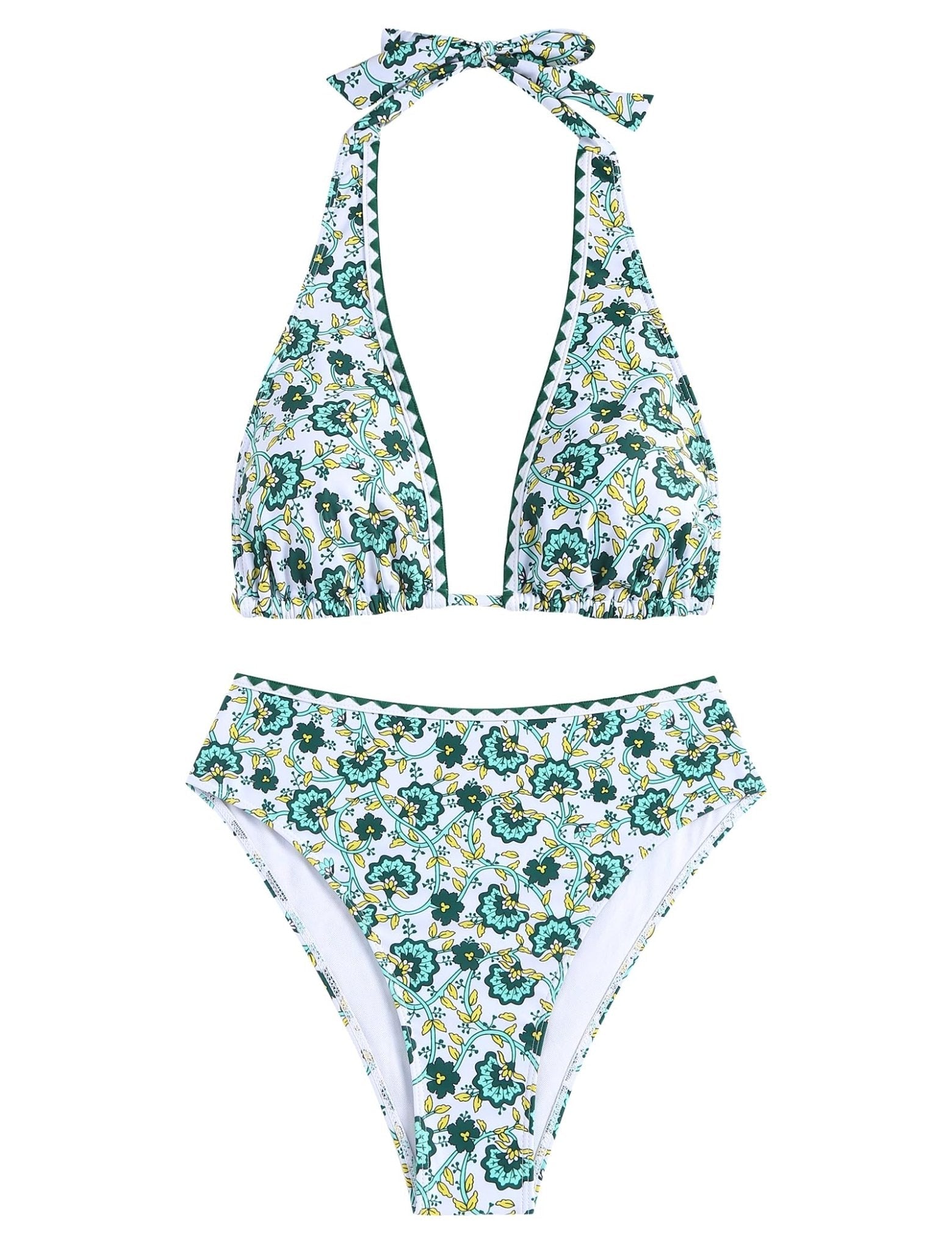 ZAFUL Womens High Waisted Bikini Sets Halter Floral Shell Stitch 2 Piece Swimsuits V Neck Tummy Control Bathing Suits
