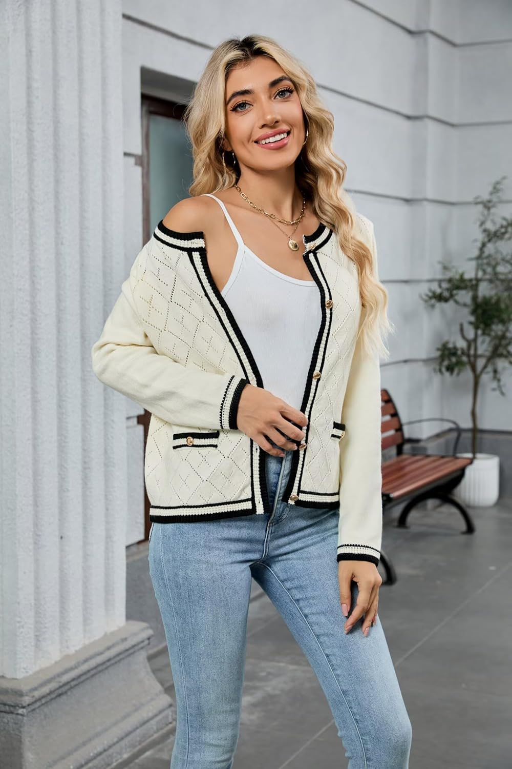 ZAFUL Women's Knit Cardigan Sweaters Fall Open Front Long Sleeve Crochet Knited Button Lightweight Cardigans Outerwear Coats