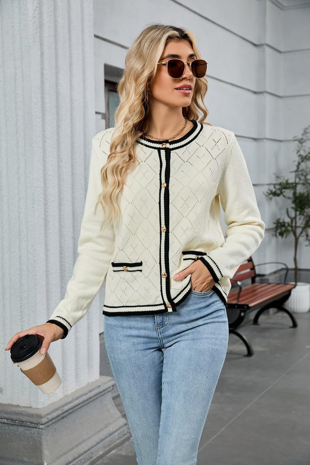 ZAFUL Women's Knit Cardigan Sweaters Fall Open Front Long Sleeve Crochet Knited Button Lightweight Cardigans Outerwear Coats