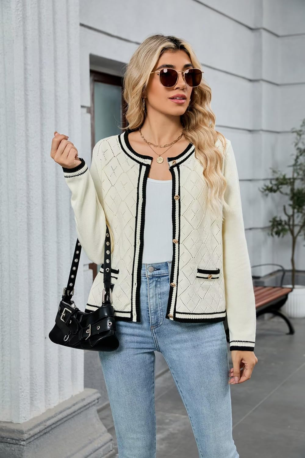 ZAFUL Women's Knit Cardigan Sweaters Fall Open Front Long Sleeve Crochet Knited Button Lightweight Cardigans Outerwear Coats