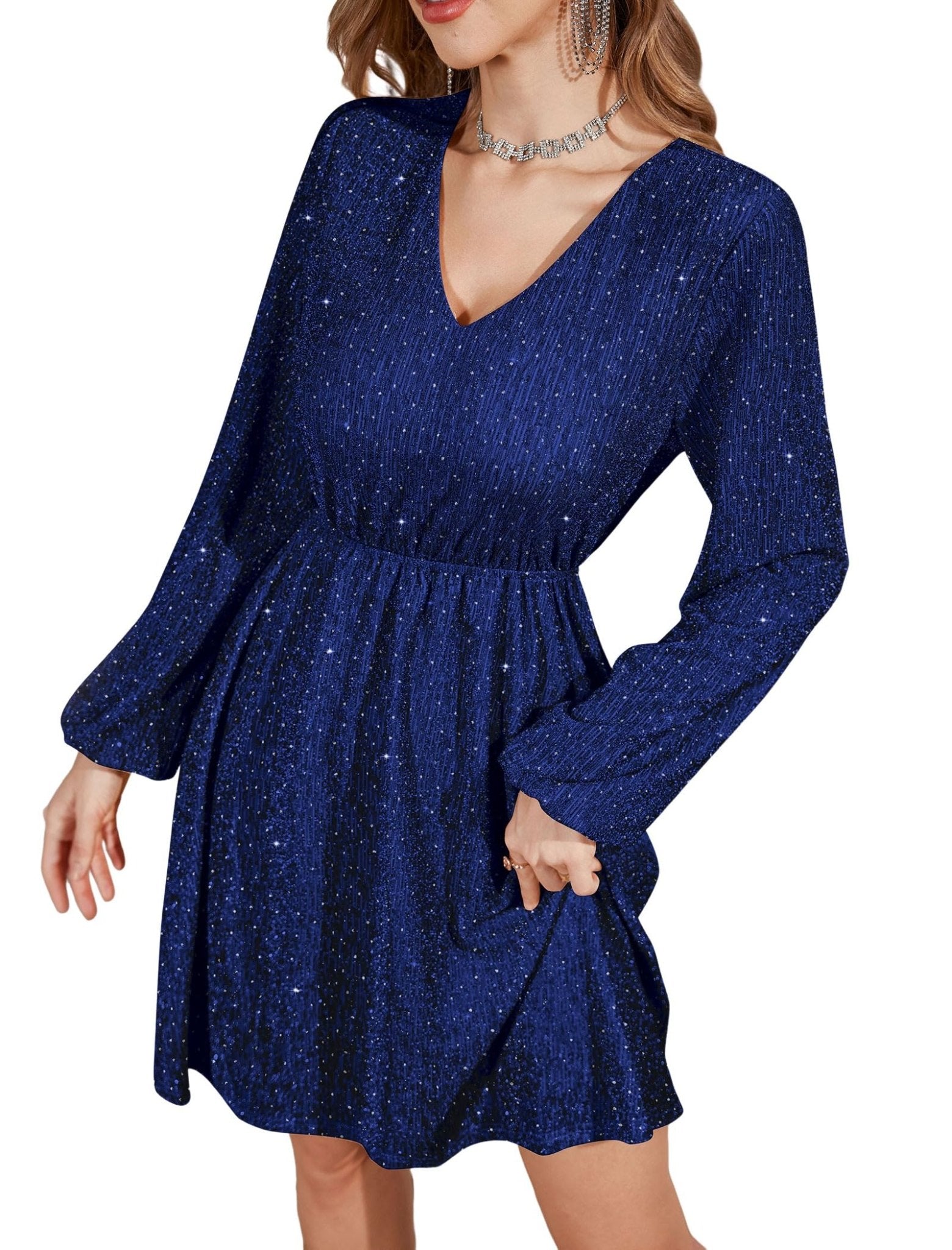 ZAFUL Women's Lantern Long Sleeve Sequin Mini Dress 2025 Fall V Neck Sparkly Fit and Flare Cocktail Party Dresses