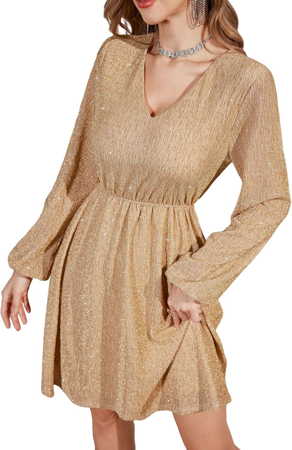 ZAFUL Women's Lantern Long Sleeve Sequin Mini Dress 2025 Fall V Neck Sparkly Fit and Flare Cocktail Party Dresses