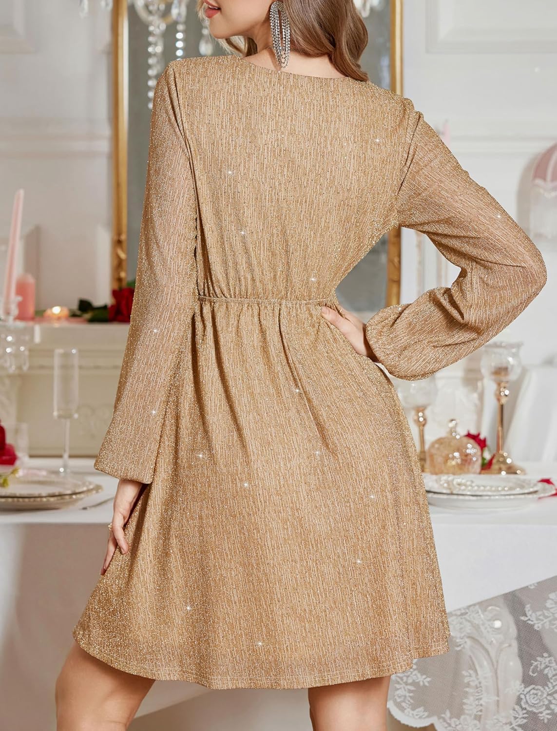 ZAFUL Women's Lantern Long Sleeve Sequin Mini Dress 2025 Fall V Neck Sparkly Fit and Flare Cocktail Party Dresses