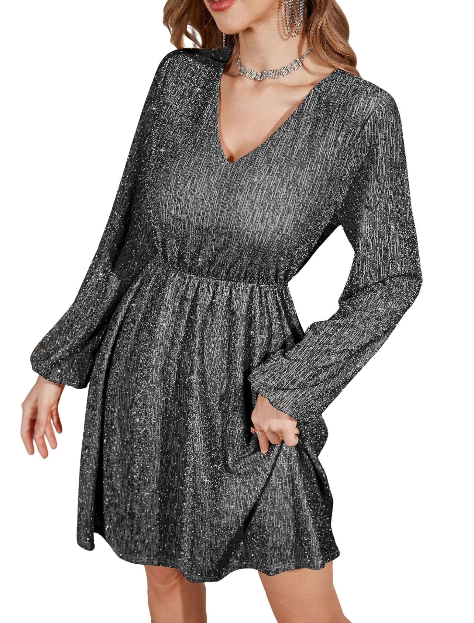 ZAFUL Women's Lantern Long Sleeve Sequin Mini Dress 2025 Fall V Neck Sparkly Fit and Flare Cocktail Party Dresses