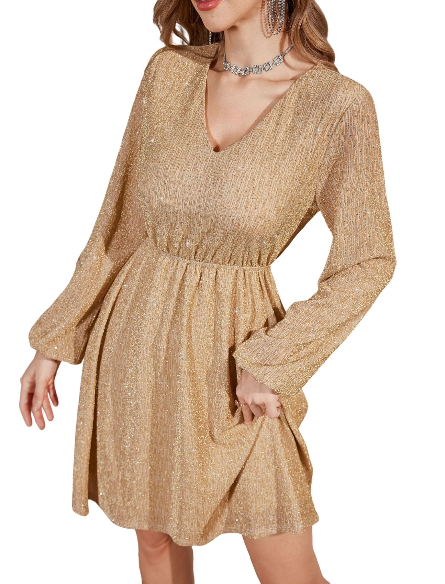 ZAFUL Women's Lantern Long Sleeve Sequin Mini Dress 2025 Fall V Neck Sparkly Fit and Flare Cocktail Party Dresses