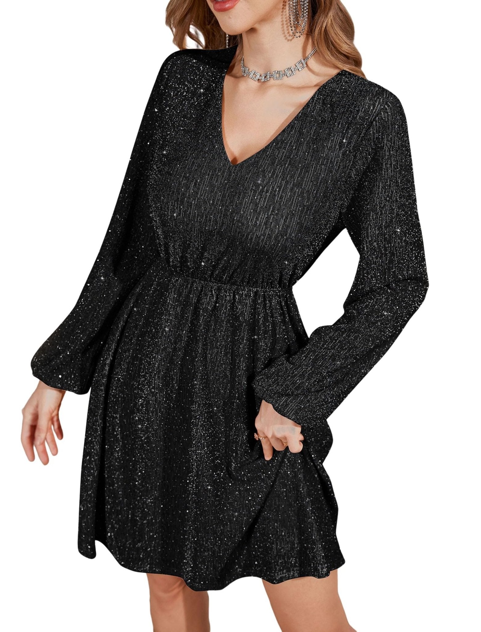 ZAFUL Women's Lantern Long Sleeve Sequin Mini Dress 2025 Fall V Neck Sparkly Fit and Flare Cocktail Party Dresses