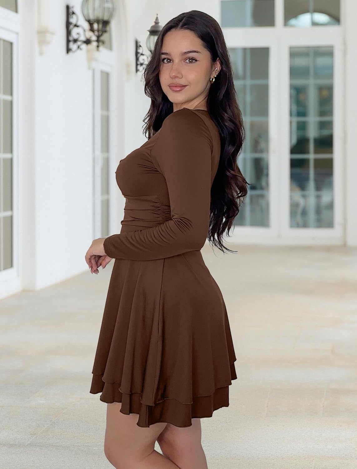 ZAFUL Womens Long Sleeve Square Neck Ruffle Mini Dress Bodycon Ruched Waist Corset Short Cocktail Party Dresses