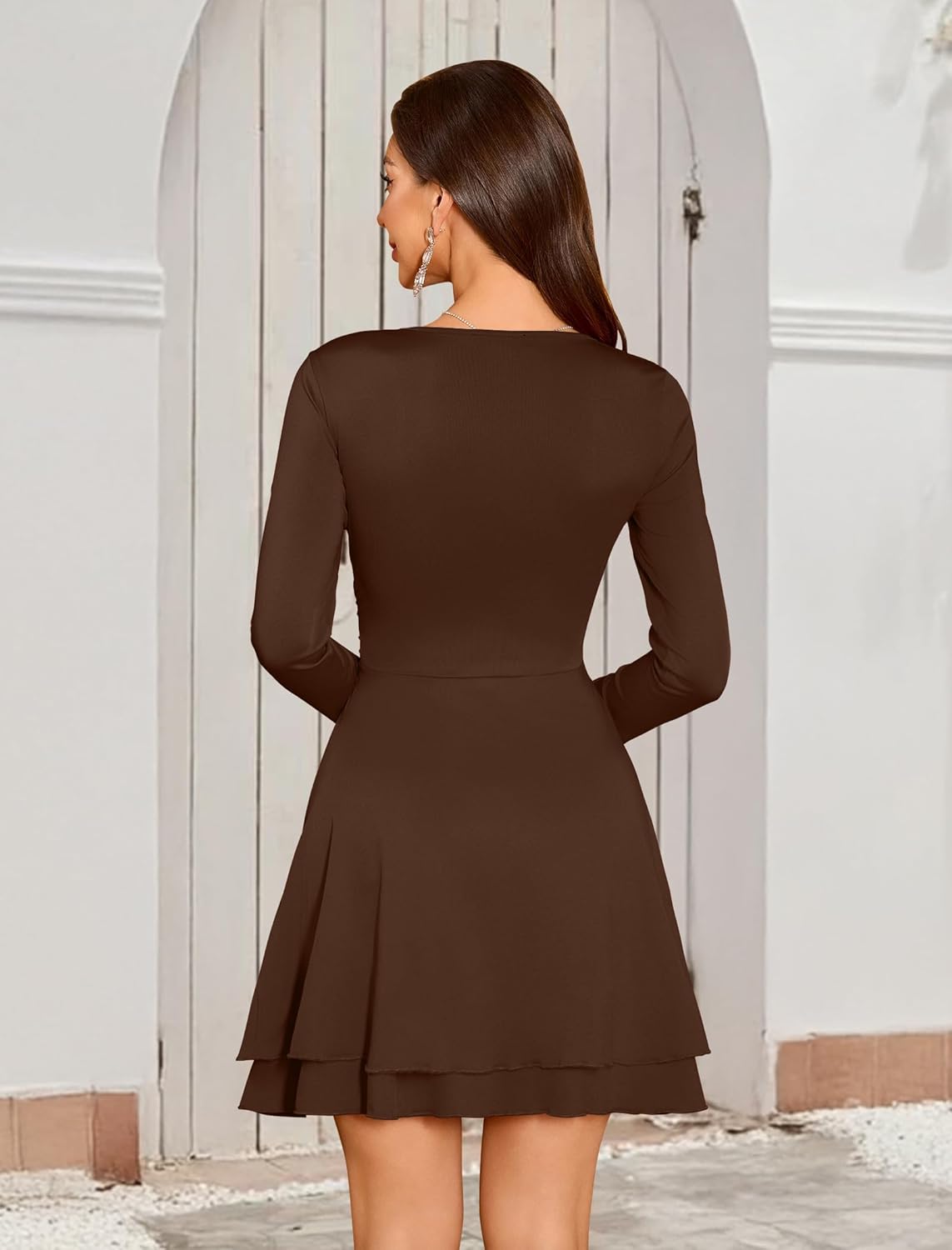 ZAFUL Womens Long Sleeve Square Neck Ruffle Mini Dress Bodycon Ruched Waist Corset Short Cocktail Party Dresses