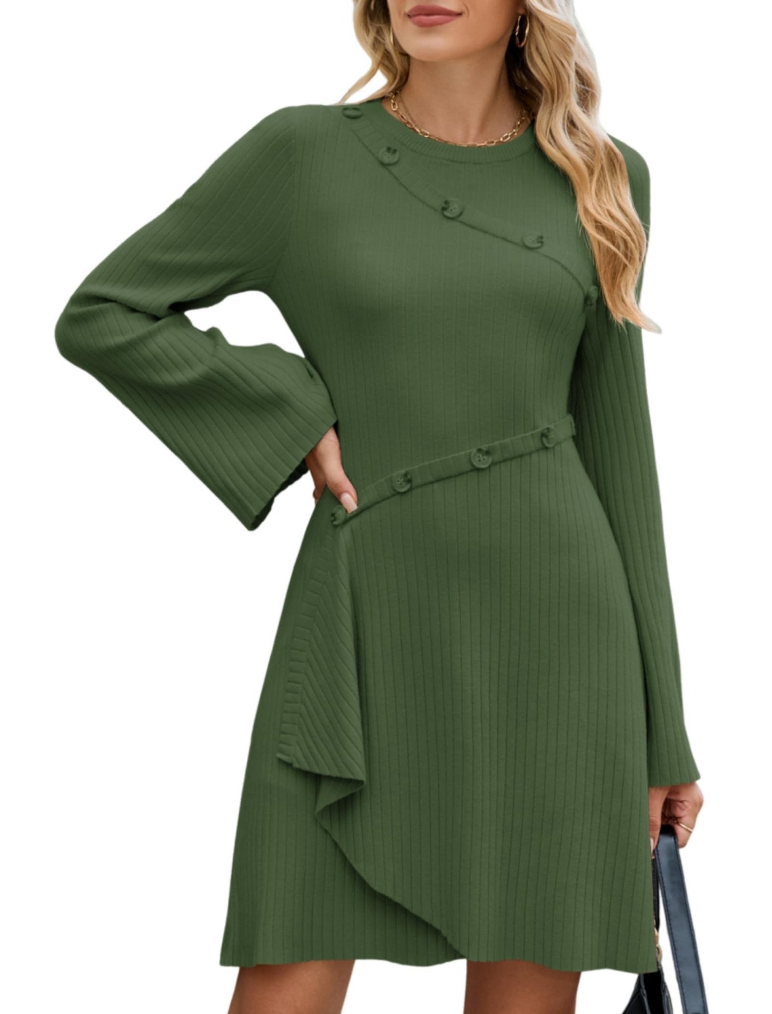 ZAFUL Womens Long Sleeve Sweater Dresses Fall Casual Crew Neck A Line Ribbed Knit Button Mini Pullover Dress Trendy 2025