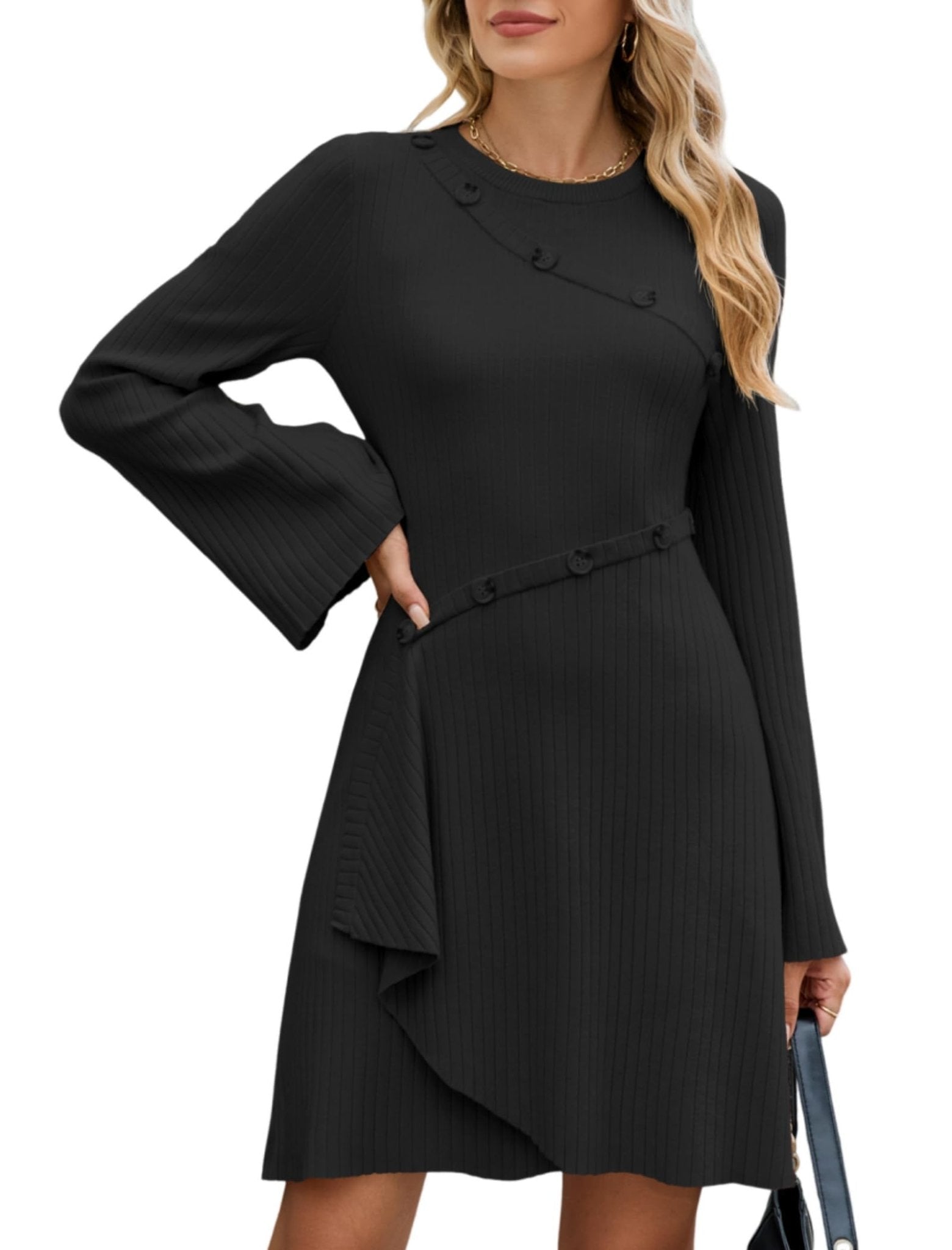 ZAFUL Womens Long Sleeve Sweater Dresses Fall Casual Crew Neck A Line Ribbed Knit Button Mini Pullover Dress Trendy 2025