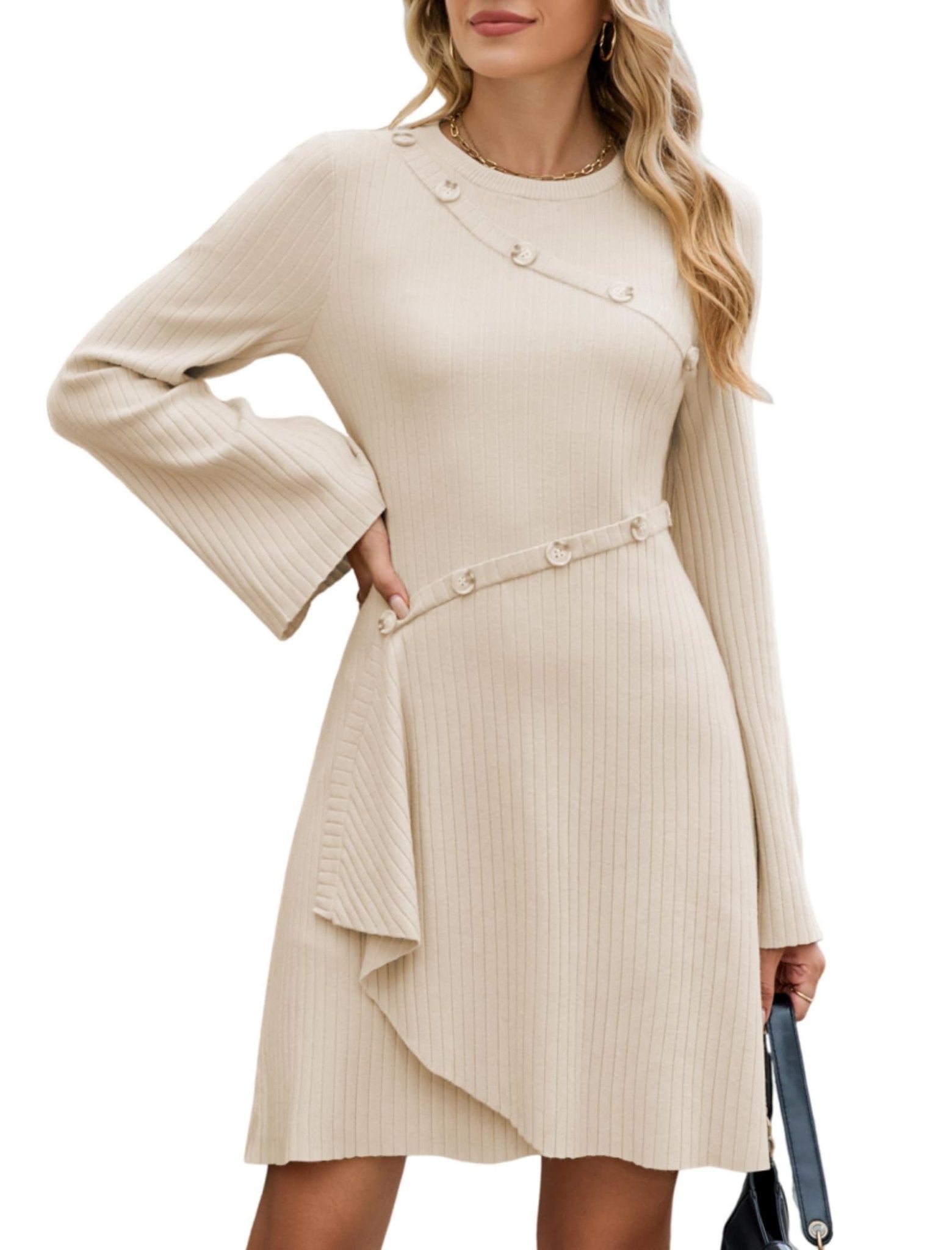 ZAFUL Womens Long Sleeve Sweater Dresses Fall Casual Crew Neck A Line Ribbed Knit Button Mini Pullover Dress Trendy 2025