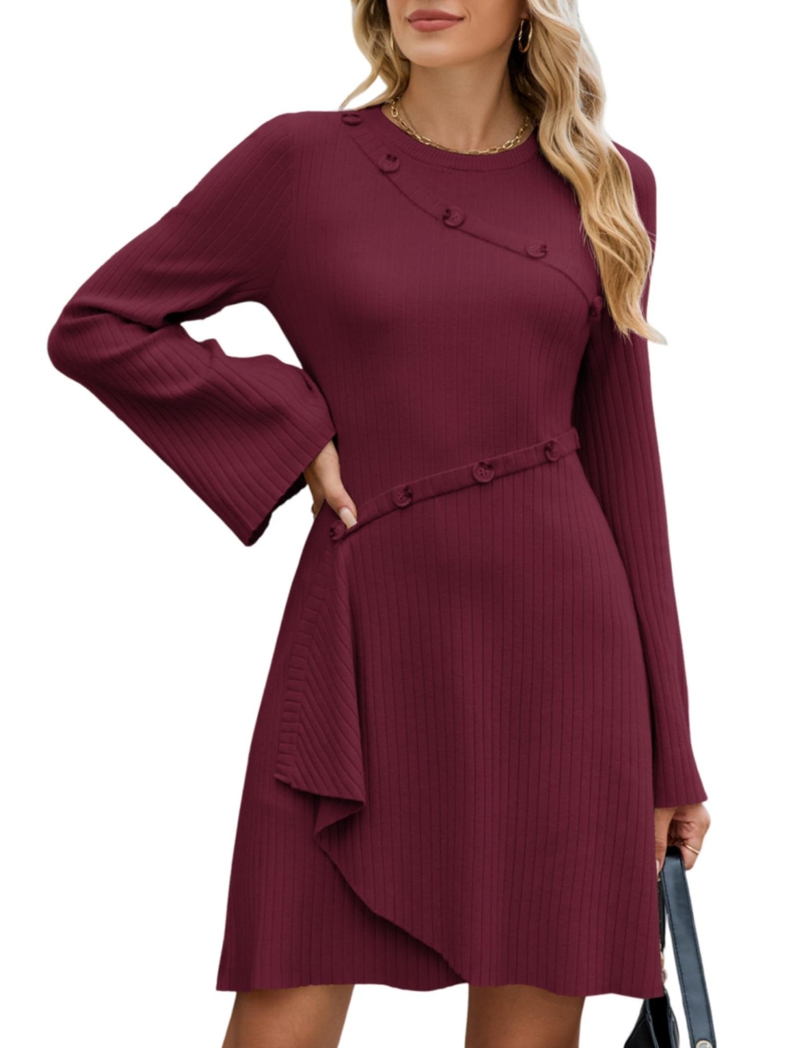 ZAFUL Womens Long Sleeve Sweater Dresses Fall Casual Crew Neck A Line Ribbed Knit Button Mini Pullover Dress Trendy 2025