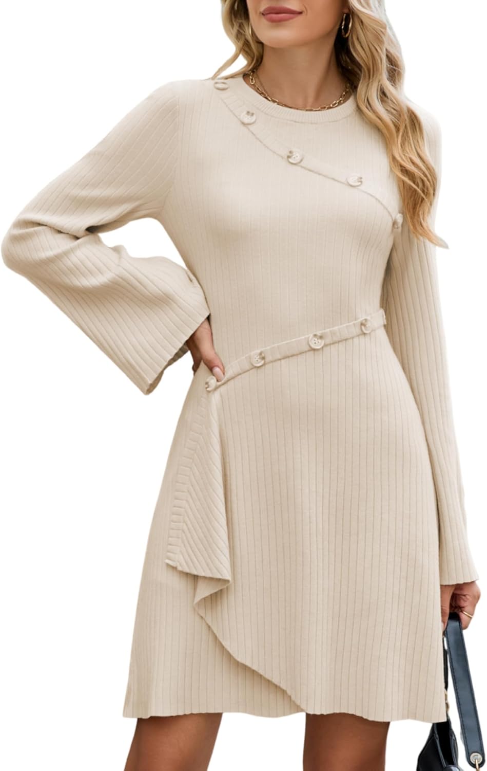ZAFUL Womens Long Sleeve Sweater Dresses Fall Casual Crew Neck A Line Ribbed Knit Button Mini Pullover Dress Trendy 2025