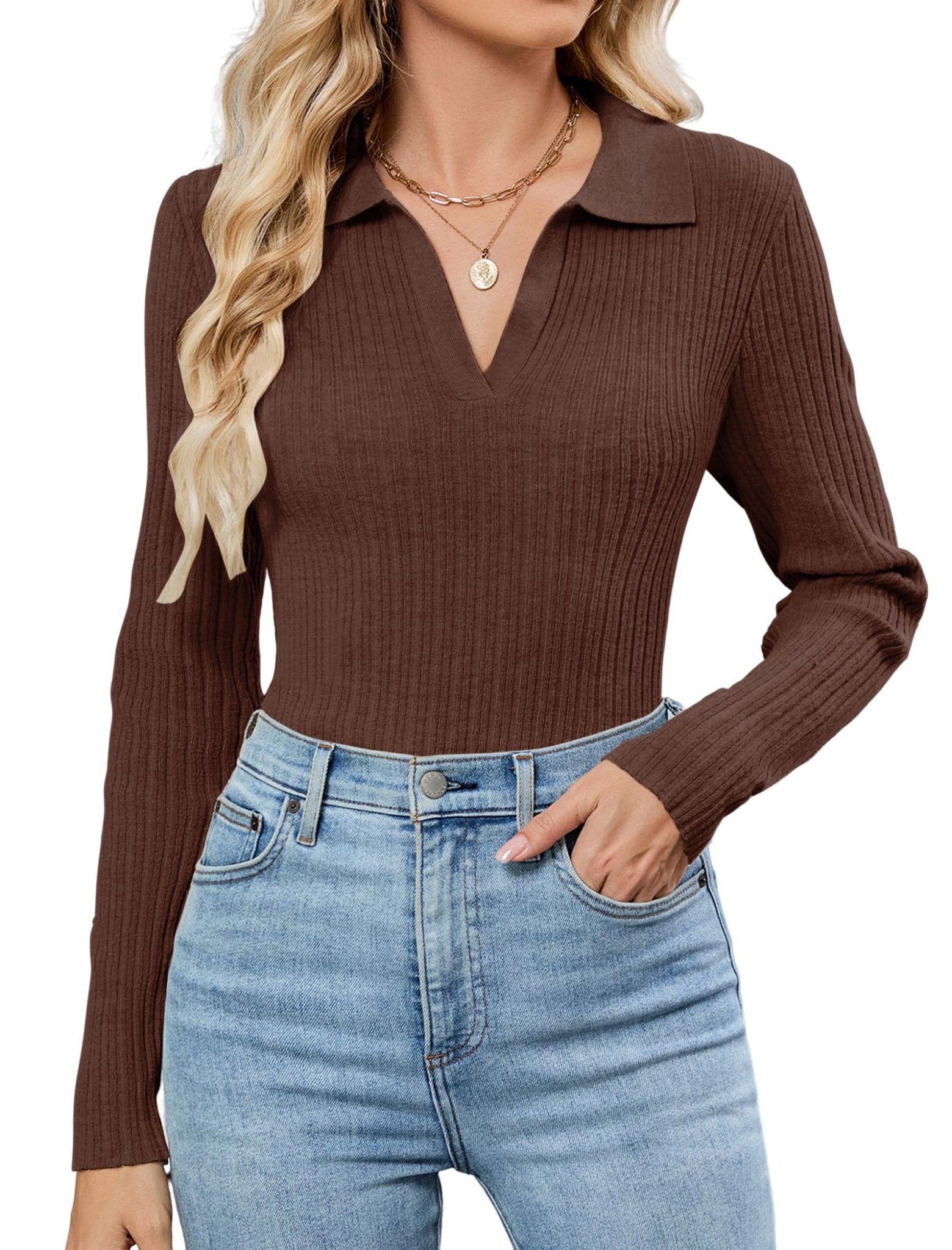 ZAFUL Womens Long Sleeve V Neck Sweaters Collared Ribbed Knit Tops Pullover Polo Sweater Shirts 2025 Fall Trendy Outfits