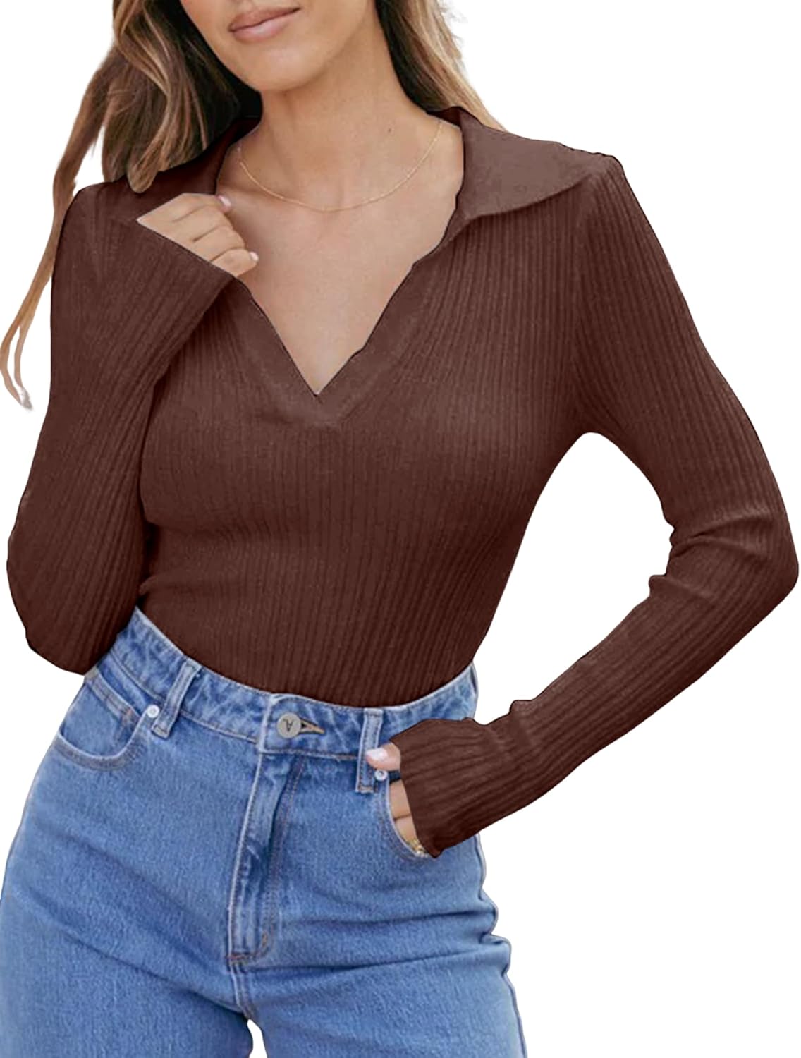 ZAFUL Womens Long Sleeve V Neck Sweaters Collared Ribbed Knit Tops Pullover Polo Sweater Shirts 2025 Fall Trendy Outfits