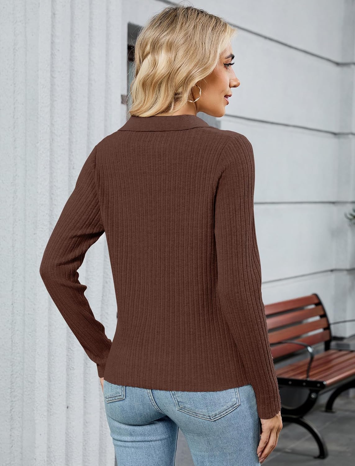 ZAFUL Womens Long Sleeve V Neck Sweaters Collared Ribbed Knit Tops Pullover Polo Sweater Shirts 2025 Fall Trendy Outfits