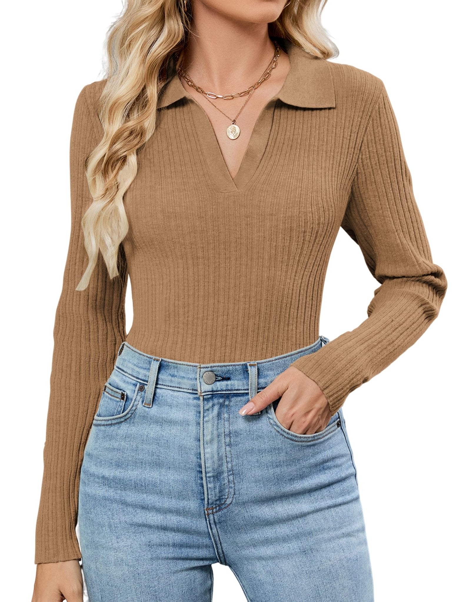 ZAFUL Womens Long Sleeve V Neck Sweaters Collared Ribbed Knit Tops Pullover Polo Sweater Shirts 2025 Fall Trendy Outfits