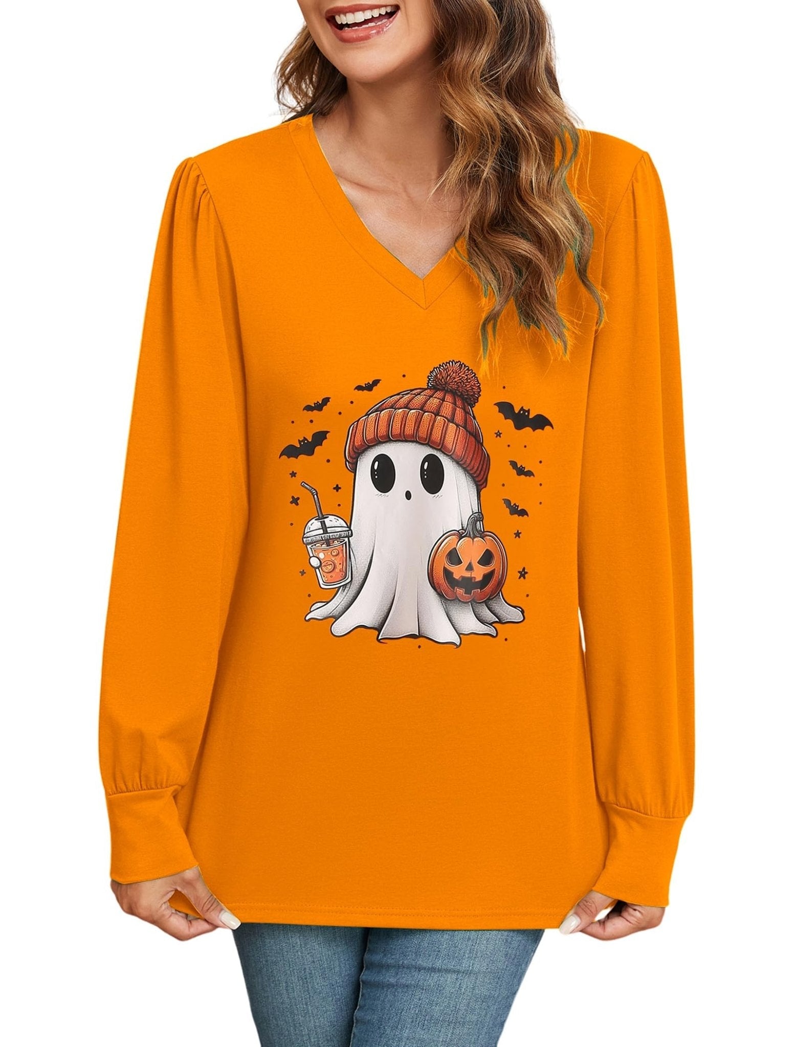 ZAFUL Women's Long Sleeve V-Neck Tunic Tops Halloween Cute Graphic Loose Casual Basic Blouse