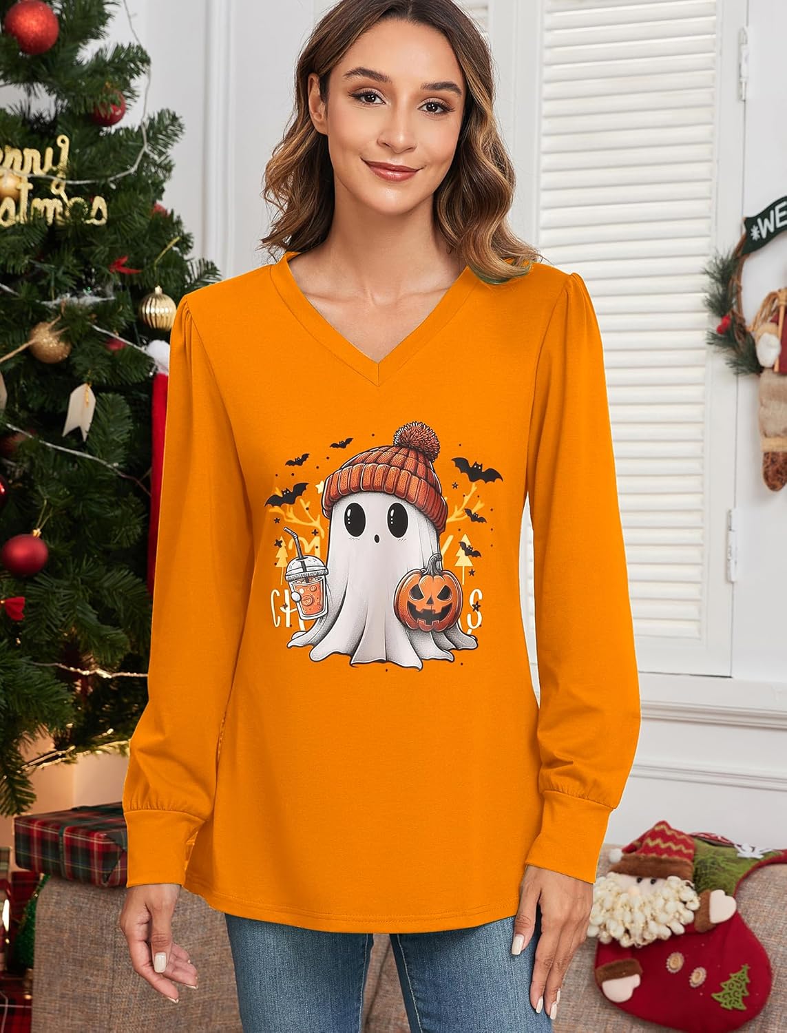 ZAFUL Women's Long Sleeve V-Neck Tunic Tops Halloween Cute Graphic Loose Casual Basic Blouse