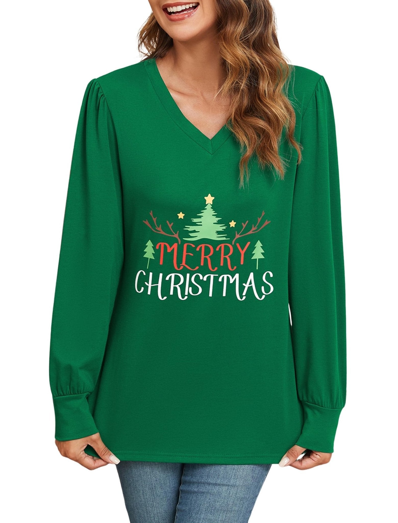 ZAFUL Women's Long Sleeve V-Neck Tunic Tops Halloween Cute Graphic Loose Casual Basic Blouse