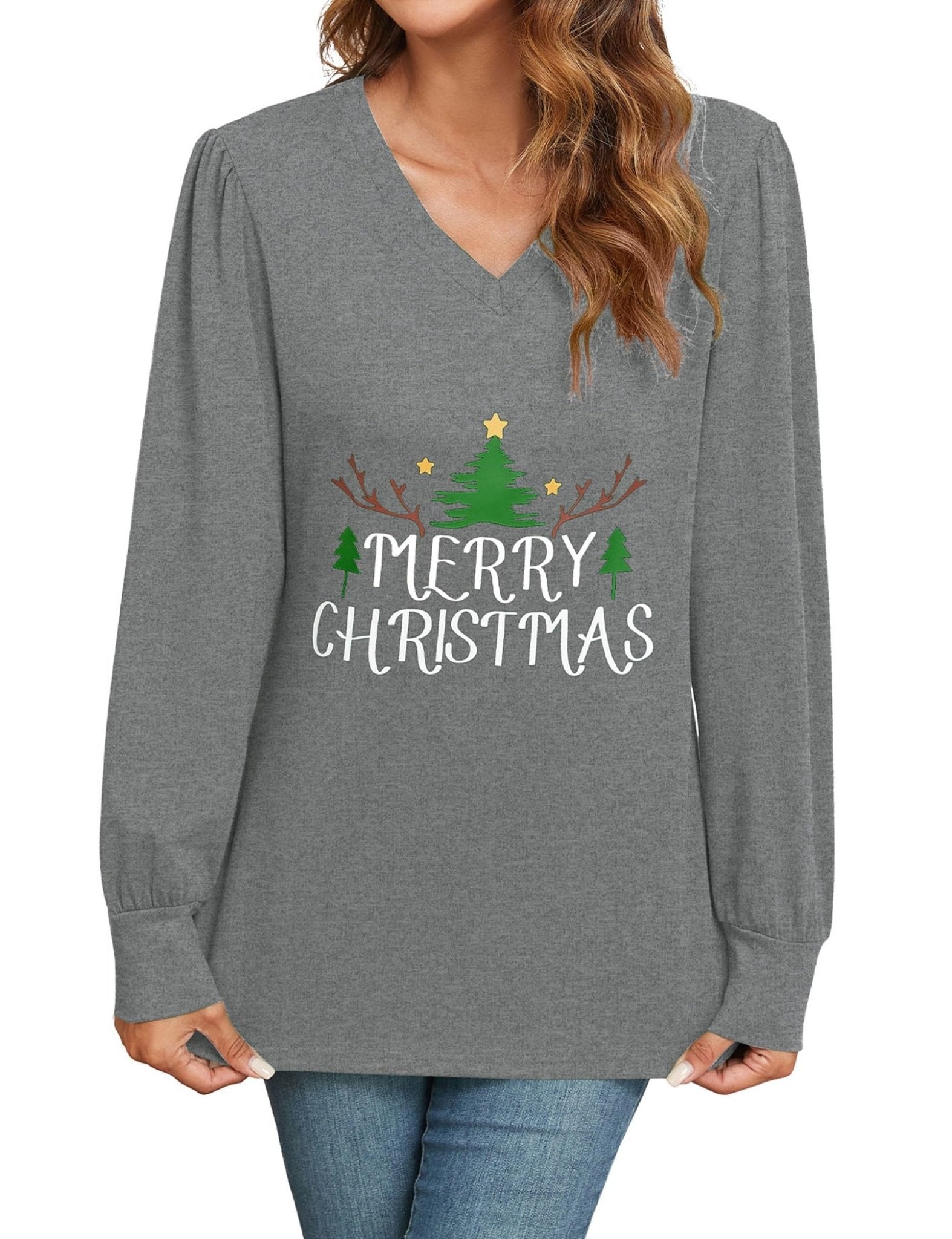 ZAFUL Women's Long Sleeve V-Neck Tunic Tops Halloween Cute Graphic Loose Casual Basic Blouse