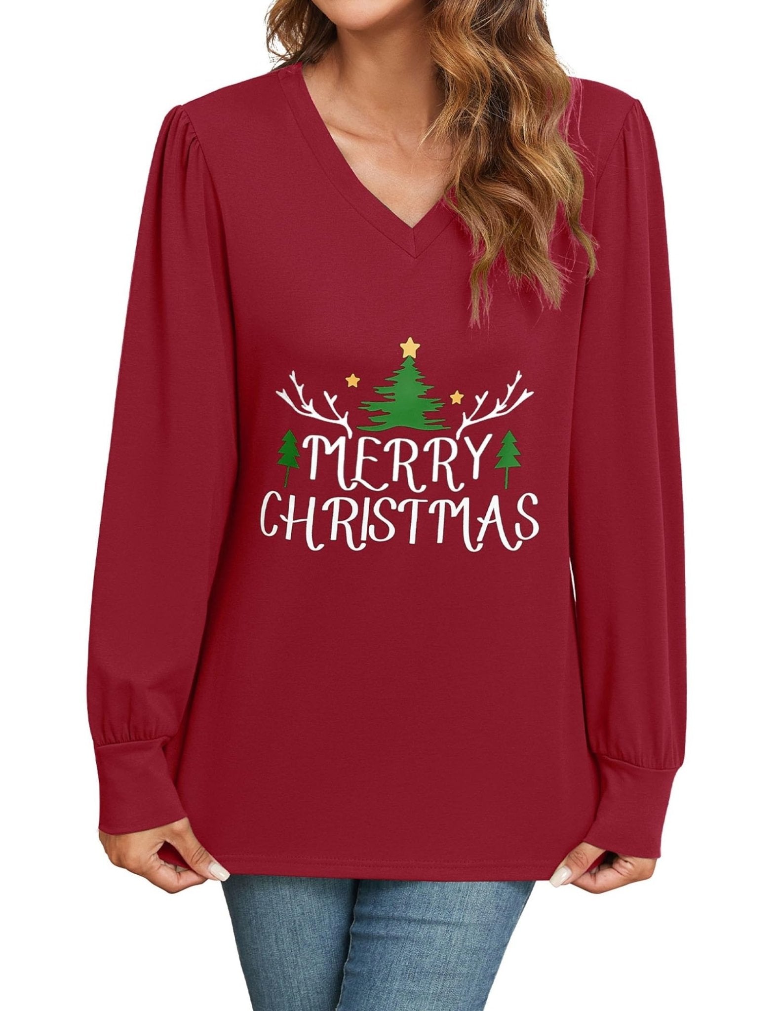 ZAFUL Women's Long Sleeve V-Neck Tunic Tops Halloween Cute Graphic Loose Casual Basic Blouse